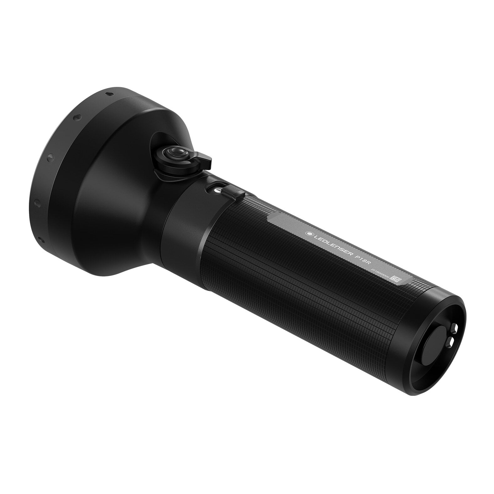 Eine schwarze, robuste LEDLENSER Taschenlampe P18R mit breitem Kopf und strukturiertem Griff ist schräg auf weißem Hintergrund abgebildet und verfügt über einen sichtbaren seitlichen Einschaltknopf.