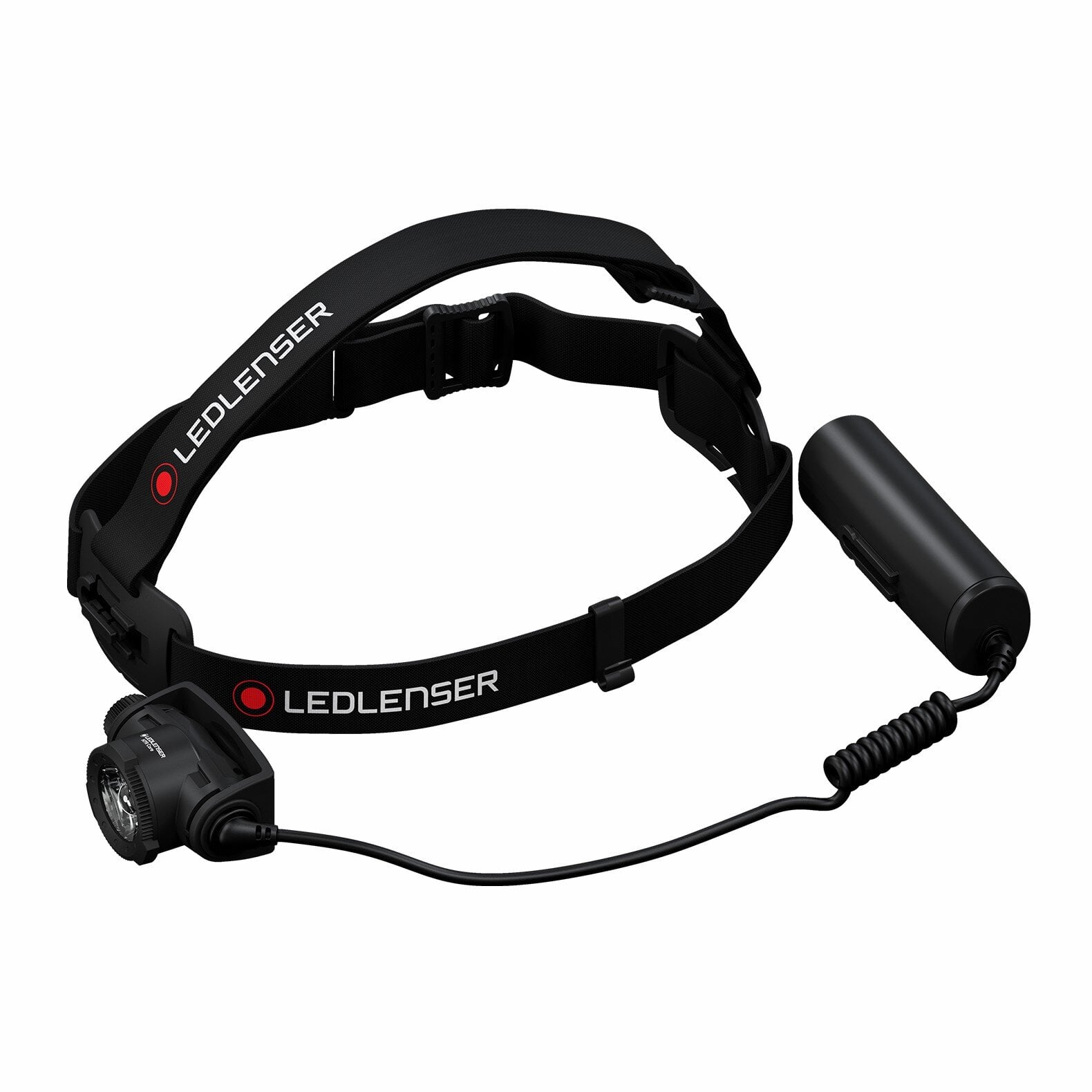 Die LEDLENSER H7R Core Stirnlampe ist eine schwarze Stirnlampe mit verstellbarem Stirnband, Advanced Focus System Frontlicht und einem separaten Akkupack, der über ein Spiralkabel verbunden ist.