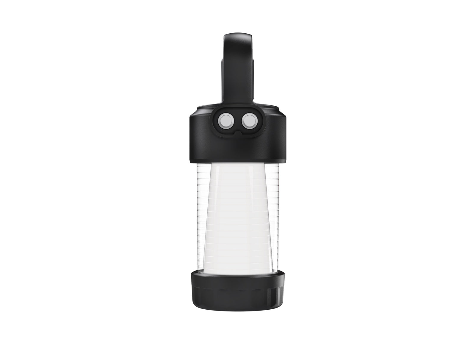 Die LEDLENSER ML4 WL Outdoor Camping Lampe ist eine schwarze, tragbare LED-Laterne mit klarem, zylindrischem Diffusor, zwei Bedienknöpfen oben und einem Aufhängehaken. Sie strahlt warmweißes Licht aus, perfekt für Camping. Abgebildet auf einem weißen Hintergrund.