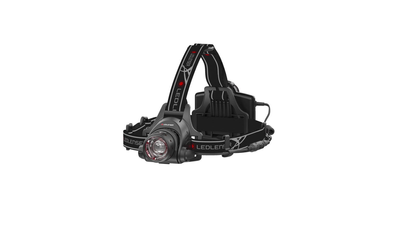 Die LEDLENSER Stirnlampe H14R.2 ist eine schwarz-graue Stirnlampe mit verstellbaren Bändern, einem auffälligen Frontlicht und dem Advanced Focus System; der Schriftzug "LEDLENSER" befindet sich auf dem Stirnband.