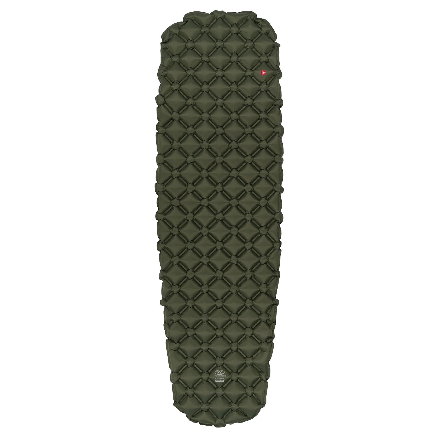 Die Highlander NAP PAK aufblasbare Schlafmatte mit PrimaLoft von HIGHLANDER FORCES, olivgrün mit rautenförmiger Steppstruktur, ist rechteckig und für das Camping im Freien konzipiert, abgebildet auf weißem Hintergrund.