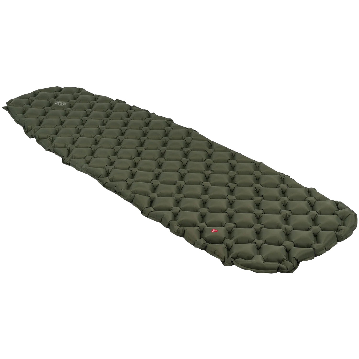 Die Highlander NAP PAK aufblasbare Schlafmatte mit PrimaLoft von HIGHLANDER FORCES in Olivgrün mit Hexagon-Muster, schmal zulaufend, ist ideal für Outdoor-Camping oder Wandern und wird auf weißem Hintergrund gezeigt.