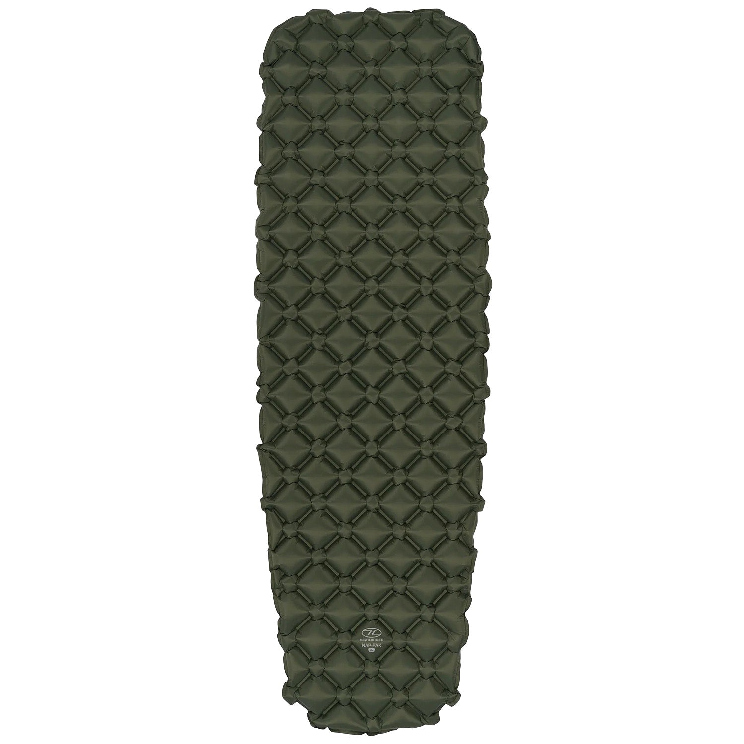 Die HIGHLANDER FORCES Highlander Nap-Pak aufblasbare Schlafmatte XL ist eine olivgrüne, rautengemusterte Campingmatte. Leicht und tragbar mit abgerundeten Kanten, ist sie perfekt für den Outdoor-Einsatz als komfortable Camping Schlafmatte.