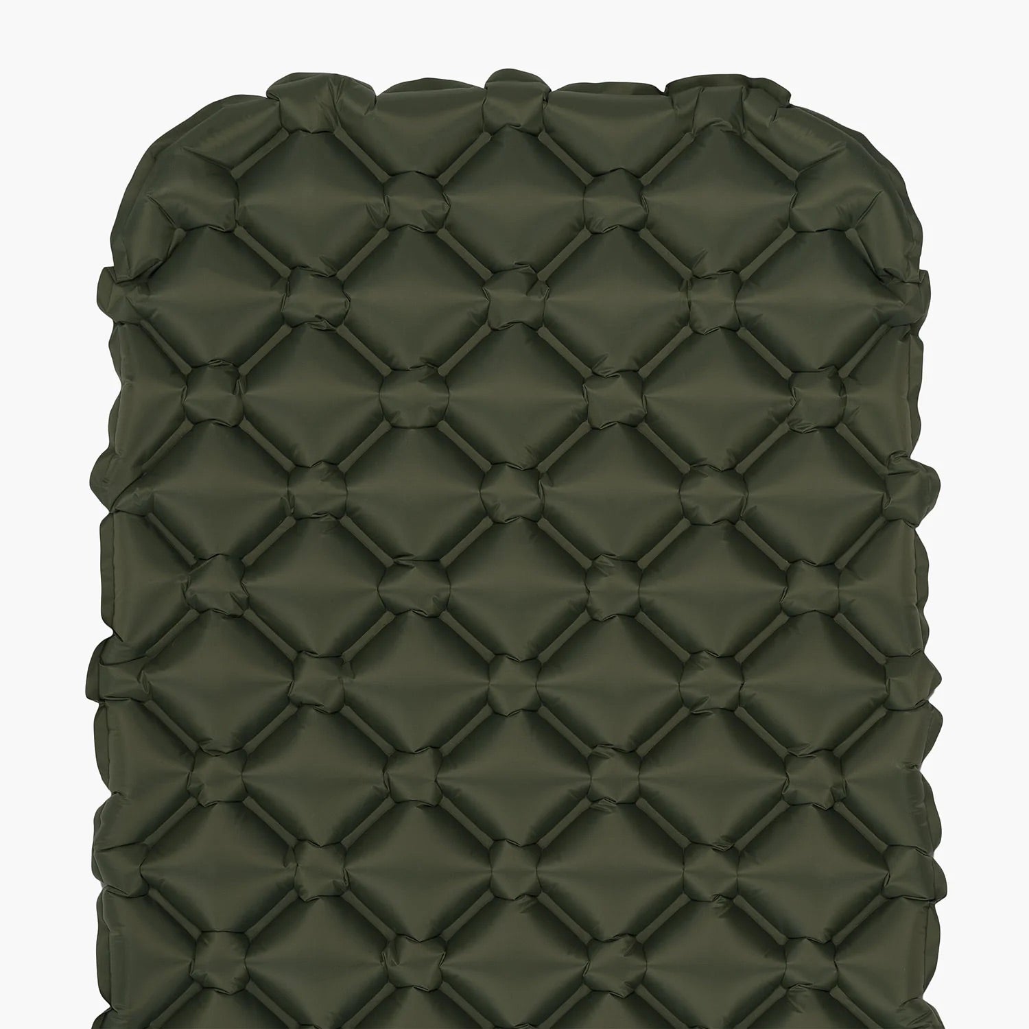Die Highlander Nap-Pak aufblasbare Schlafmatte XL von HIGHLANDER FORCES in olivgrün mit rautenförmigem Luftzellendesign ist vollständig aufgeblasen auf weißem Hintergrund - perfekt für Trekking und Outdoor-Abenteuer.