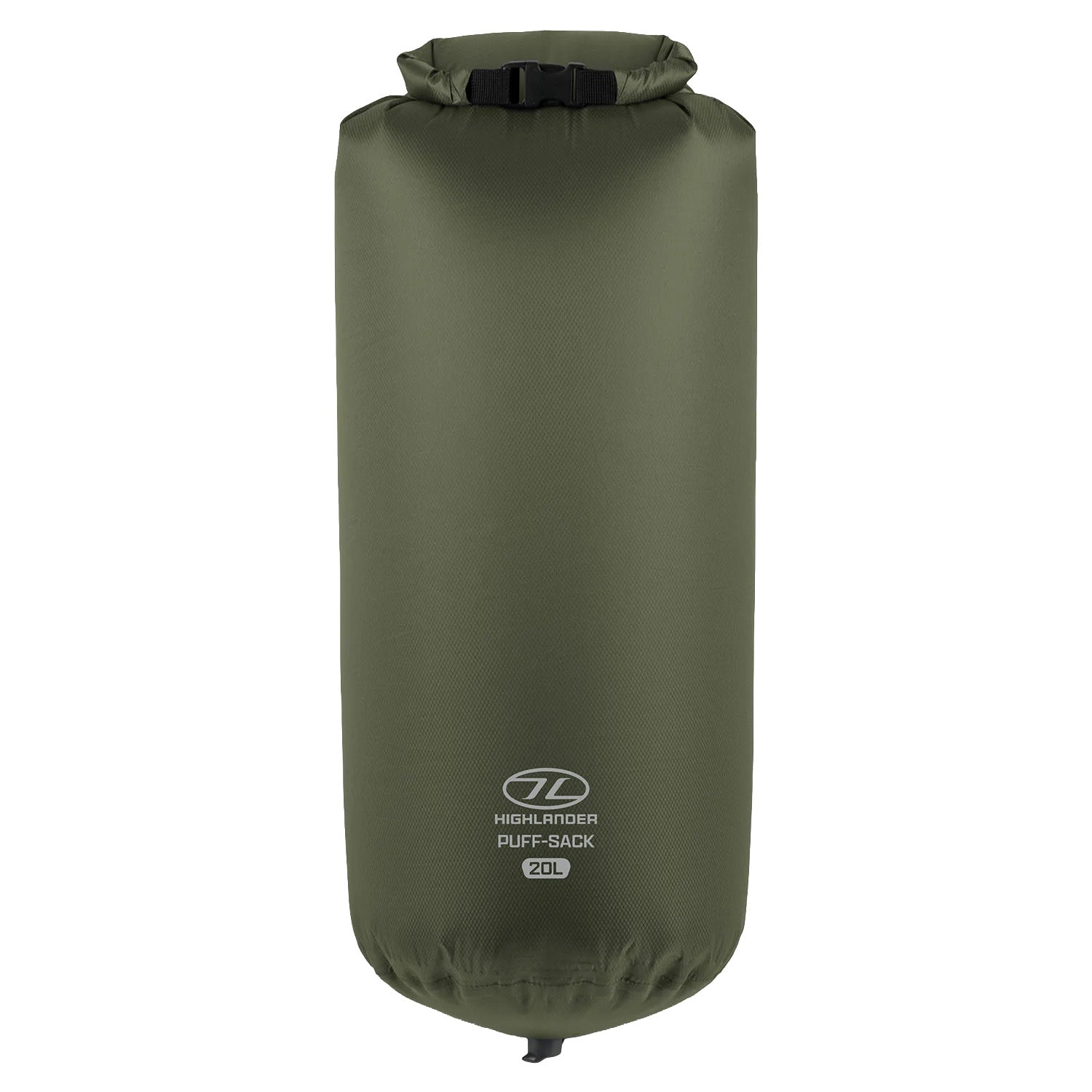 Der olivgrüne HIGHLANDER FORCES Puff Sack Inflation Drybag (20L) mit schwarzem Rollverschluss und Logo auf der Vorderseite ist ideal für die Aufbewahrung von Ausrüstung oder auch als Schlafmatte.