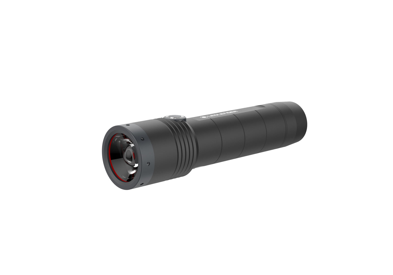 Die LEDLENSER Ledlenser Taschenlampe MT10 Black Edition ist eine kompakte, schwarze Taschenlampe mit geriffeltem Griff und einer Taste am Kopf, die eine Helligkeit von 1000 Lumen auf weißem Hintergrund bietet.