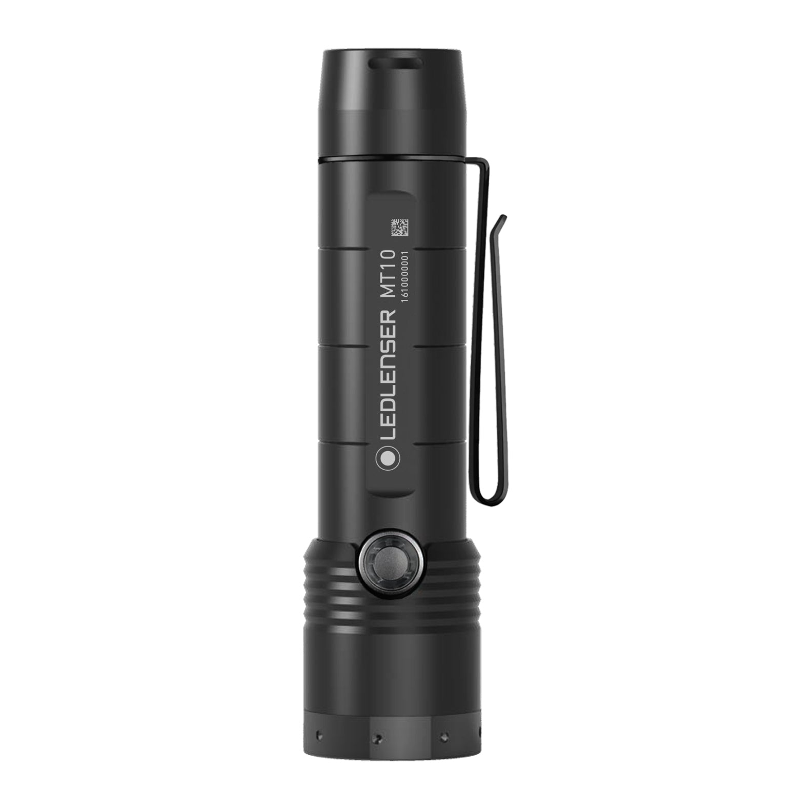 Die schwarze LEDLENSER Taschenlampe MT10 Black Edition verfügt über eine Lichtleistung von 1000 Lumen, ein zylindrisches Gehäuse, einen seitlichen Clip, einen Einschaltknopf auf der Vorderseite und den Aufdruck "LEDLENSER MT10", der senkrecht auf der Seite angebracht ist.