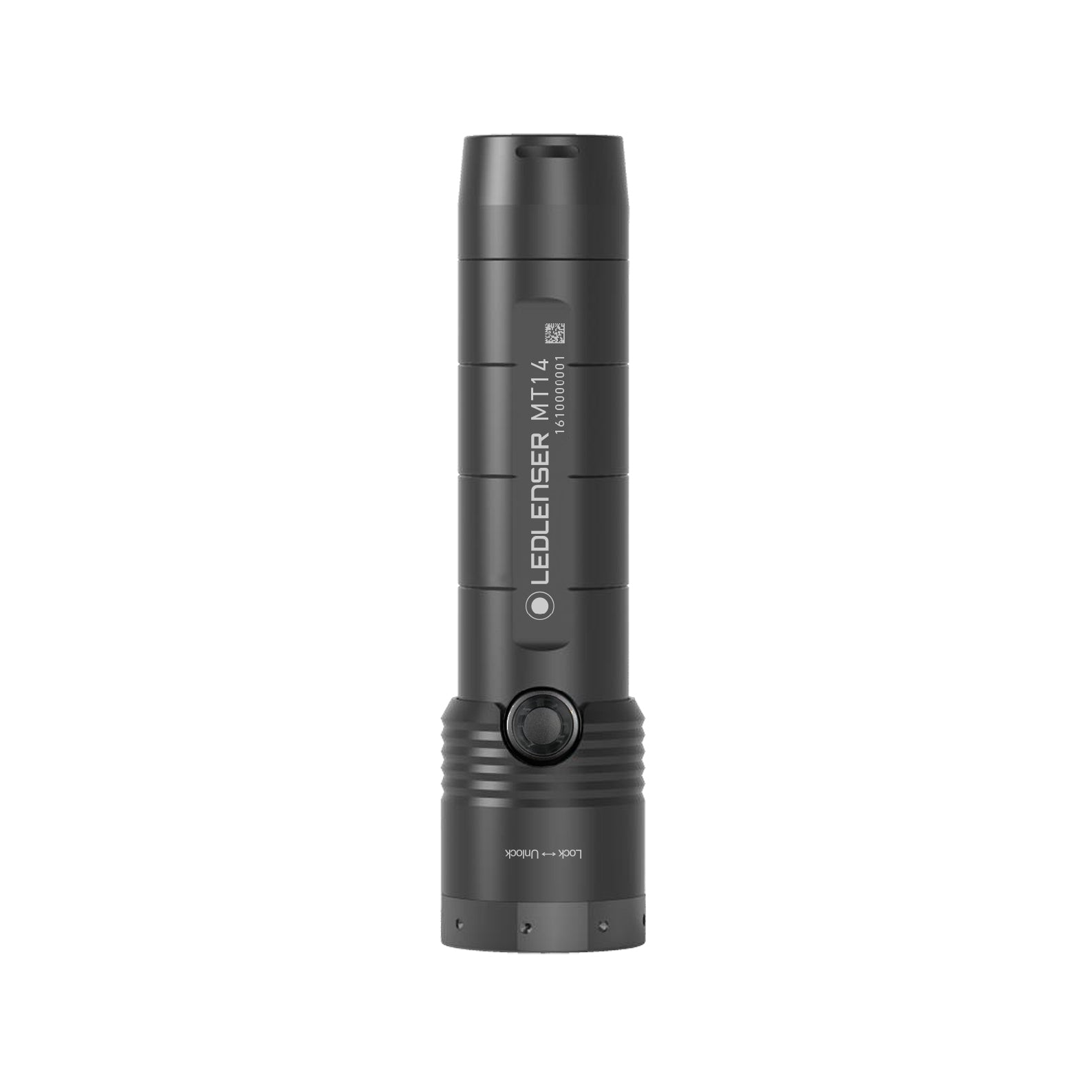 Die LEDLENSER Taschenlampe MT14 Black Edition, eine mattschwarze, zylindrische Taschenlampe mit einem seitlichen Etikett und einem einzigen Knopf in Kopfnähe, steht aufrecht auf weißem Hintergrund. Ideal für Outdoor-Camping.