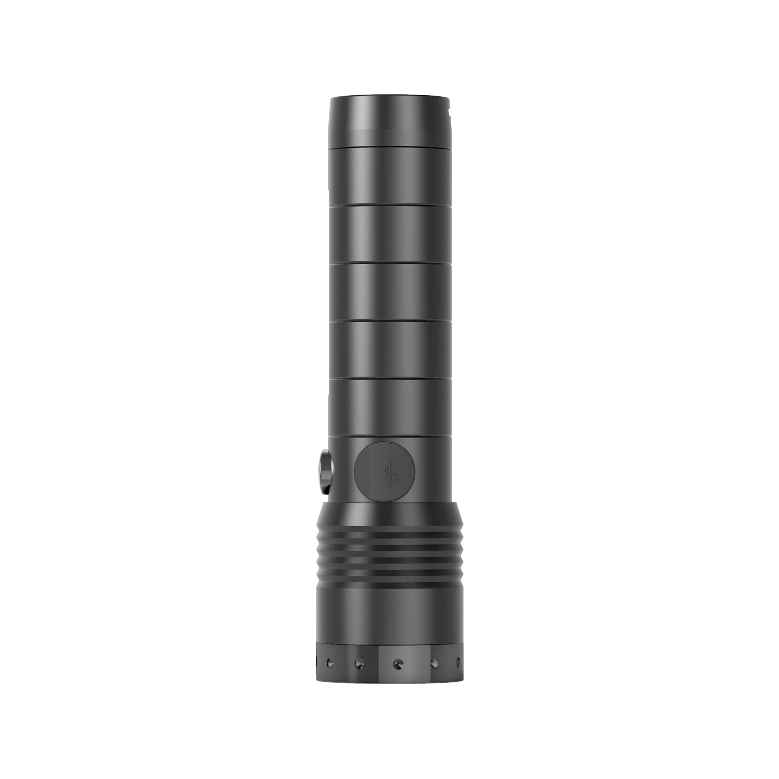 Die LEDLENSER Ledlenser Taschenlampe MT14 Black Edition ist eine schwarze, zylindrische LED-Taschenlampe mit strukturiertem Griff und seitlichem Einschaltknopf, die aufrecht auf weißem Hintergrund steht.