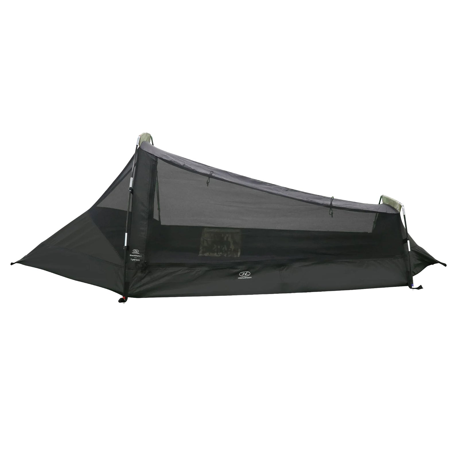 Das Highlander Zelt Blackthorn 1 Gen2 - HMTC von HIGHLANDER FORCES ist ein leichtes, unauffälliges 1-Personen-Zelt mit Netzseiten und Doppelendstangen - ideal für Outdoor- oder Rucksackabenteuer.