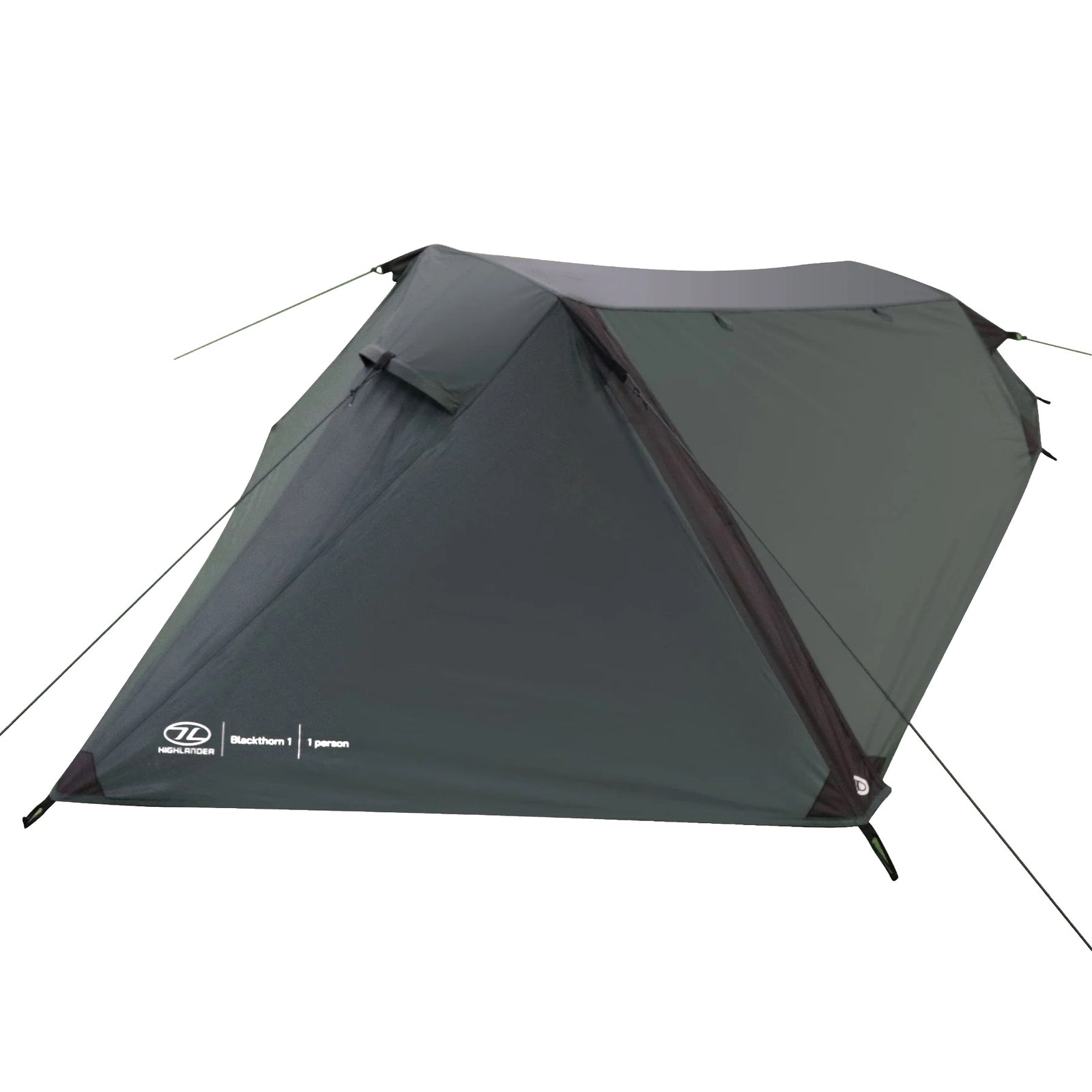 Das HIGHLANDER FORCES Blackthorn 1 Gen2 - Green ist ein 1-Personen-Zelt mit niedrigem, kantigem Design, das durch Abspannleinen und Heringe gesichert wird - ideal für Solo-Trekking. Abgebildet vor einem weißen Hintergrund.