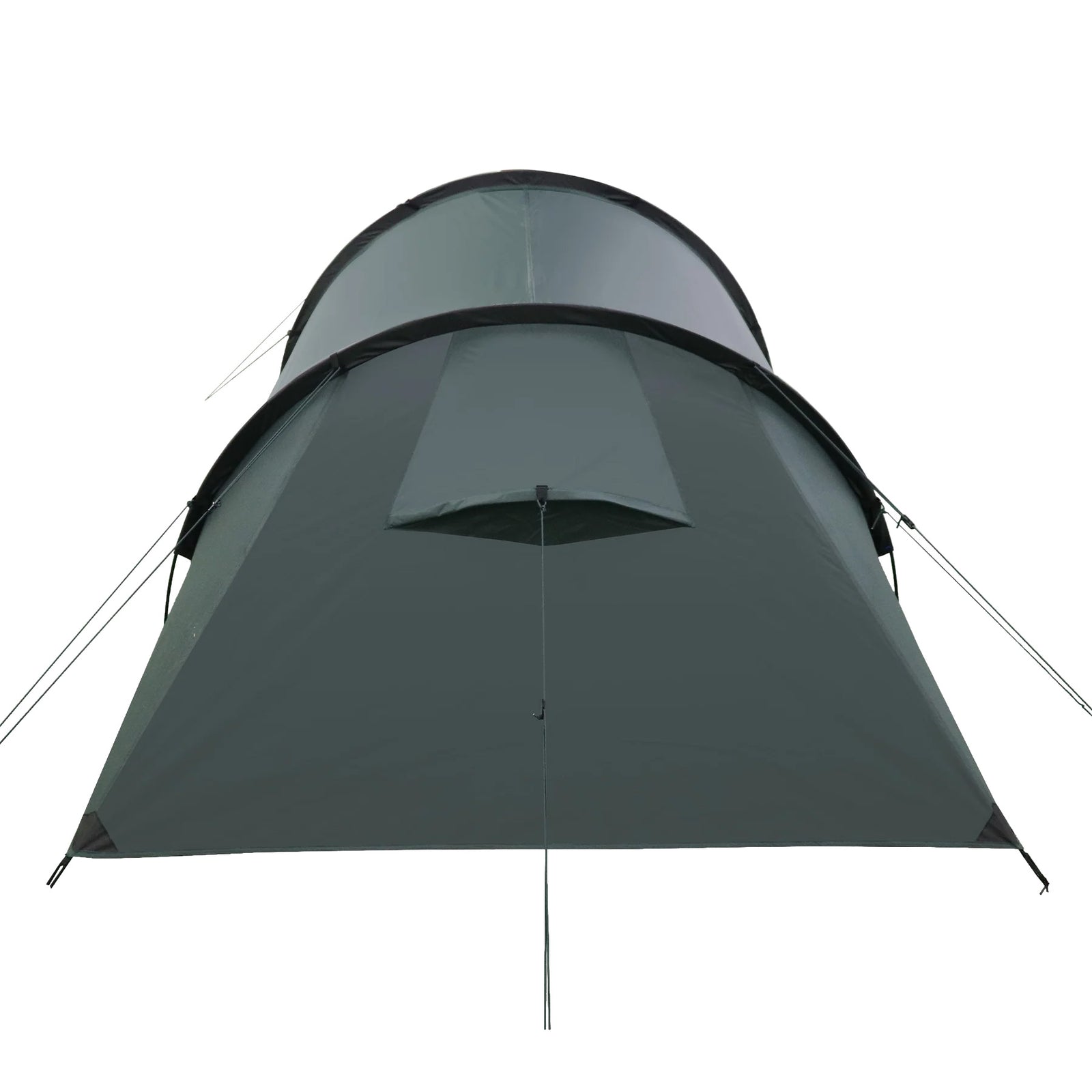 Das HIGHLANDER FORCES Highlander Zelt BLACKTHORN 2 GEN2 - Green ist ein kuppelförmiges 2-Personen-Trekkingzelt, von vorne gesehen mit mehreren Abspannleinen und einem geschlossenen Eingang auf weißem Grund - ideal für Outdoor-Abenteuer.