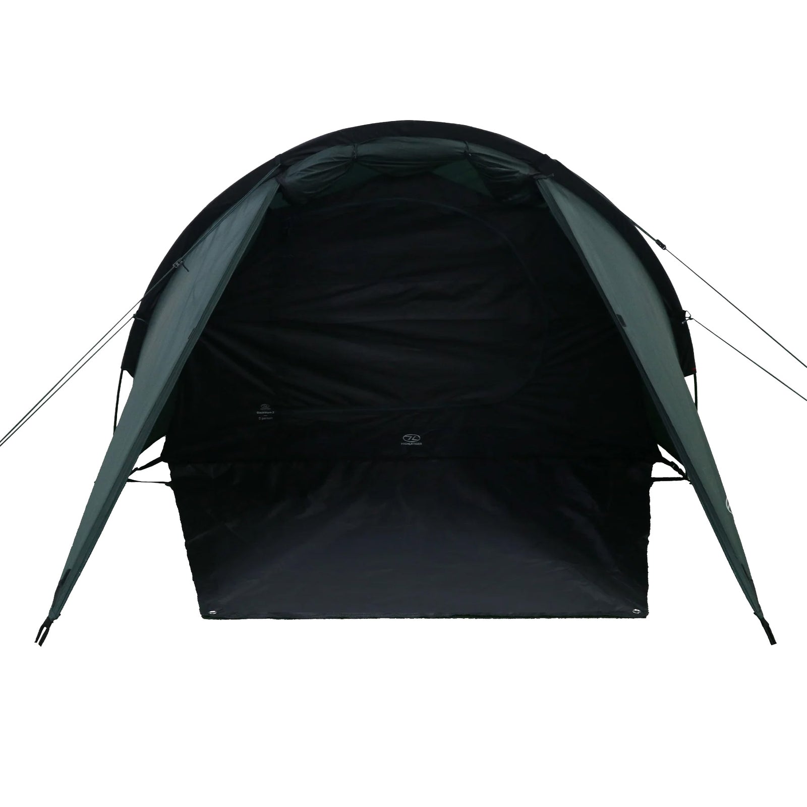 Das HIGHLANDER FORCES Highlander Zelt BLACKTHORN 2 GEN2 - Green ist ein kuppelförmiges 2-Personen-Zelt, das mit geöffneter Frontklappe einen geräumigen Innenraum freigibt und auf einem weißen Hintergrund mit beidseitig sichtbaren Abspannleinen aufgebaut ist.