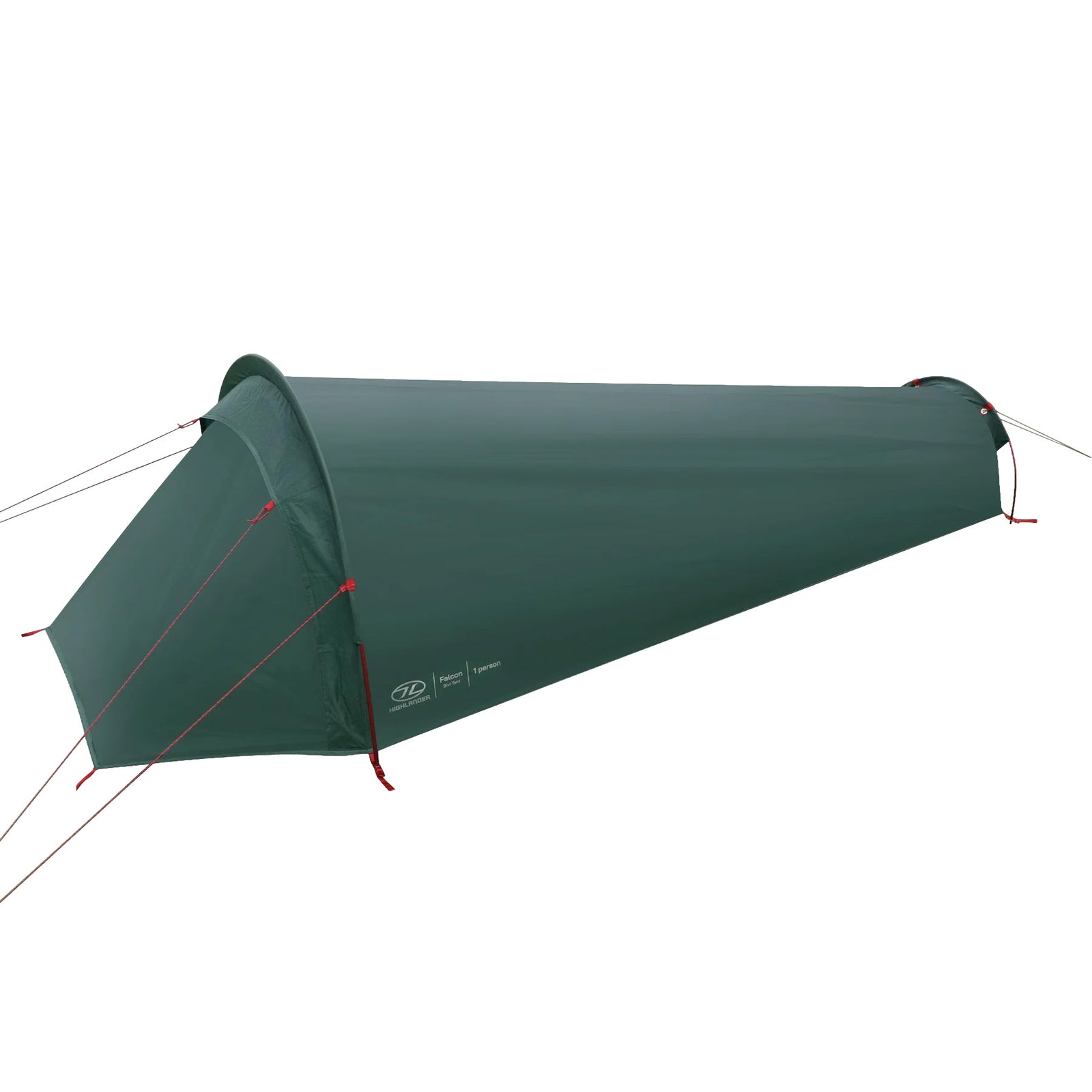 Das HIGHLANDER FORCES Highlander Falcon Bivvy Zelt - Pine Green ist ein konisches Solozelt mit roten Abspannleinen und Heringen. Ideal für Bushcraft, es ist auf einem weißen Hintergrund abgebildet.