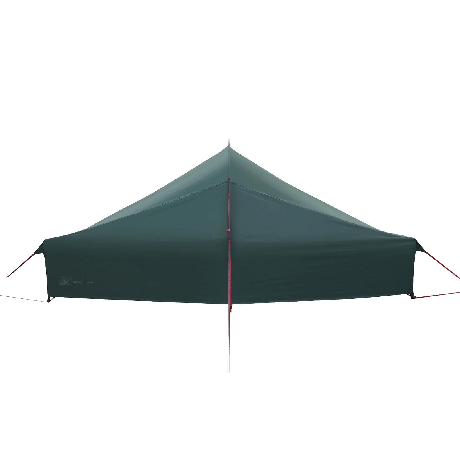 Das HIGHLANDER FORCES Highlander Refuge 1 Personen Zelt - Pine Green ist ein modernes, leichtes Trekkingzelt für Solo-Touren, das mit roten Abspannleinen vor weißem Hintergrund aufgebaut wird - ideal für eine Person.