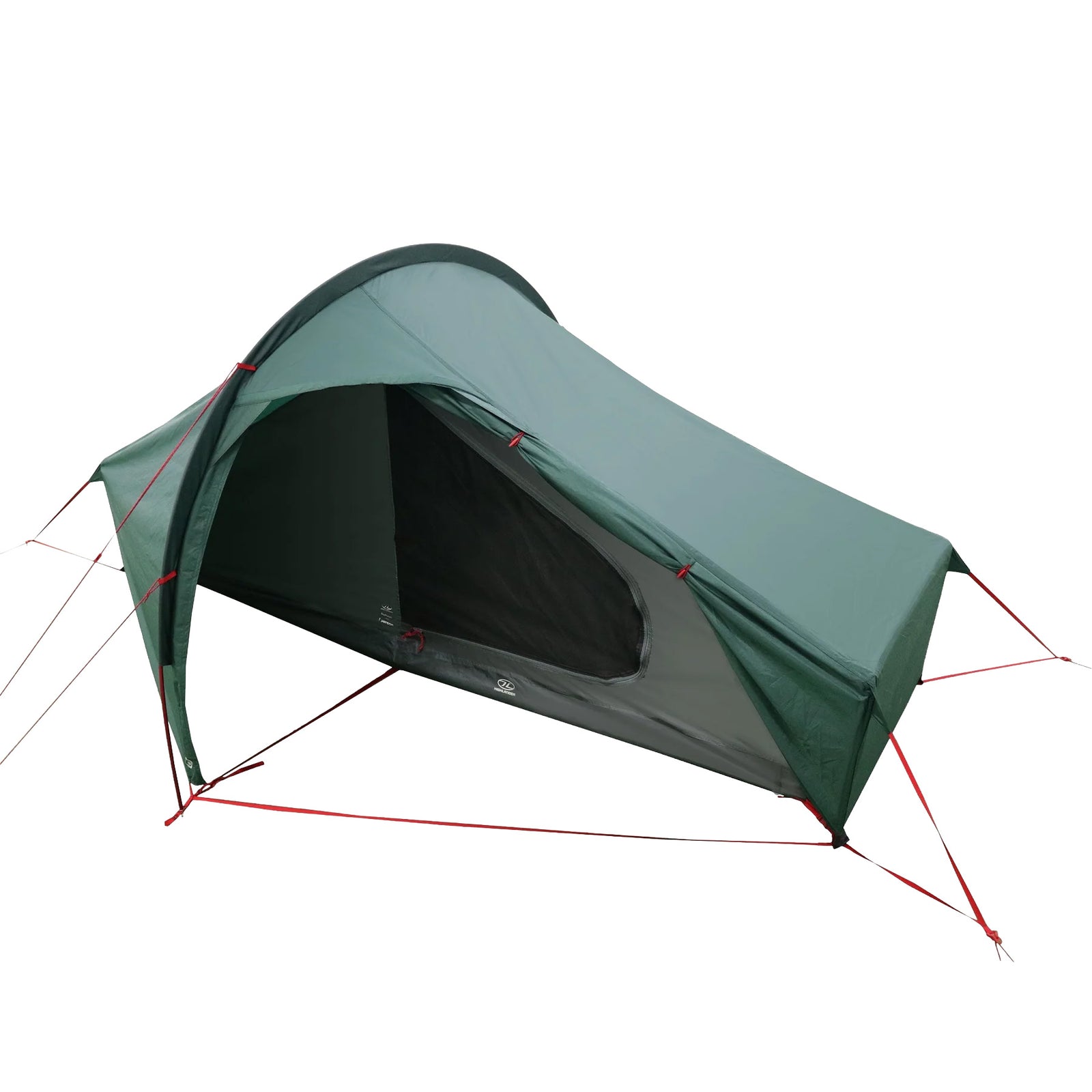 Das HIGHLANDER FORCES Highlander Refuge 1 Personen Zelt - Pine Green ist ein leichtes Trekking- oder Bikepacking-Zelt mit teiloffenem Eingang, schwarzer Innenausstattung, roten Abspannleinen und Erdnägeln zum sicheren Aufstellen.