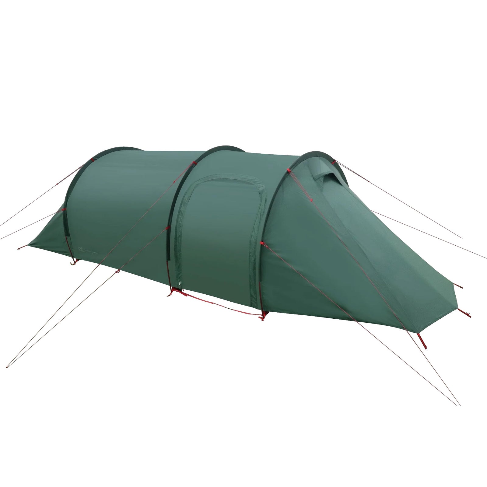 Das HIGHLANDER FORCES Highlander Respite 2 Personen Extended Tunnelzelt in Pine Green verfügt über drei bogenförmige Stangen, mehrere Abspannleinen und rote Befestigungen - perfekt als 2-Personen-Tunnelzelt für Trekkingtouren.