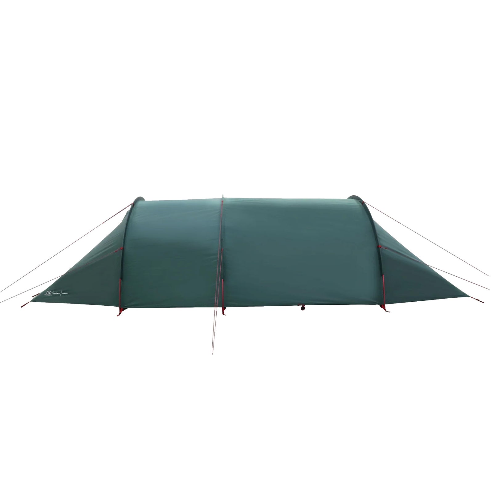Das HIGHLANDER FORCES Respite 2 Personen Extended Tunnelzelt in Pine Green, mit zwei Hauptstangen, Abspannleinen und Heringen für den sicheren Aufbau, ist ideal als Trekking- oder Campingzelt und auf weißem Hintergrund zu sehen.