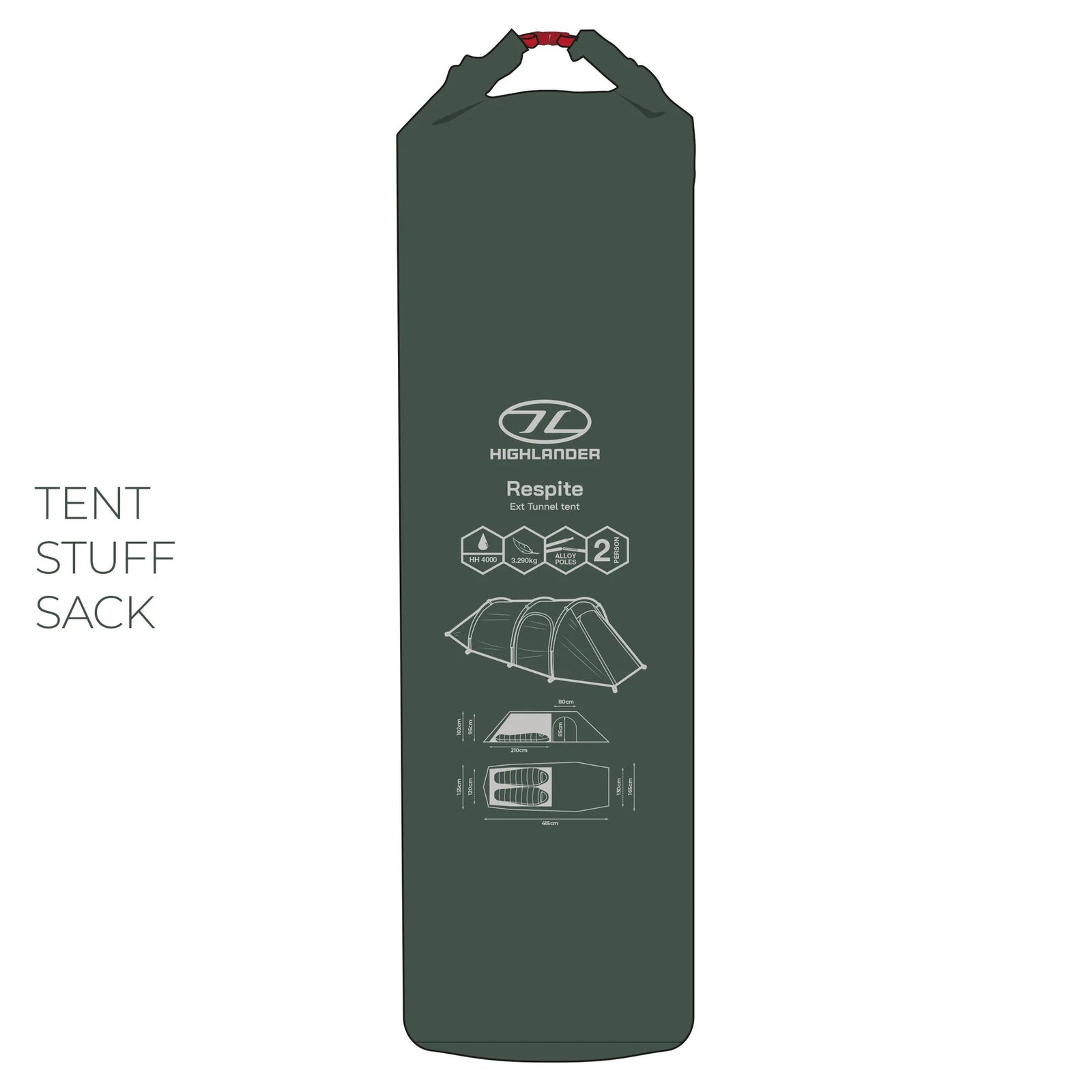Ein dunkelgrüner, zylindrischer Packsack mit der Aufschrift HIGHLANDER FORCES Highlander Respite 2 Personen Extended Tunnelzelt - Pine Green, mit Aufbaudiagrammen und Anweisungen für ein 2-Personen-Tunnelzelt auf der Vorderseite. Text auf der linken Seite: TENT STUFF SACK.