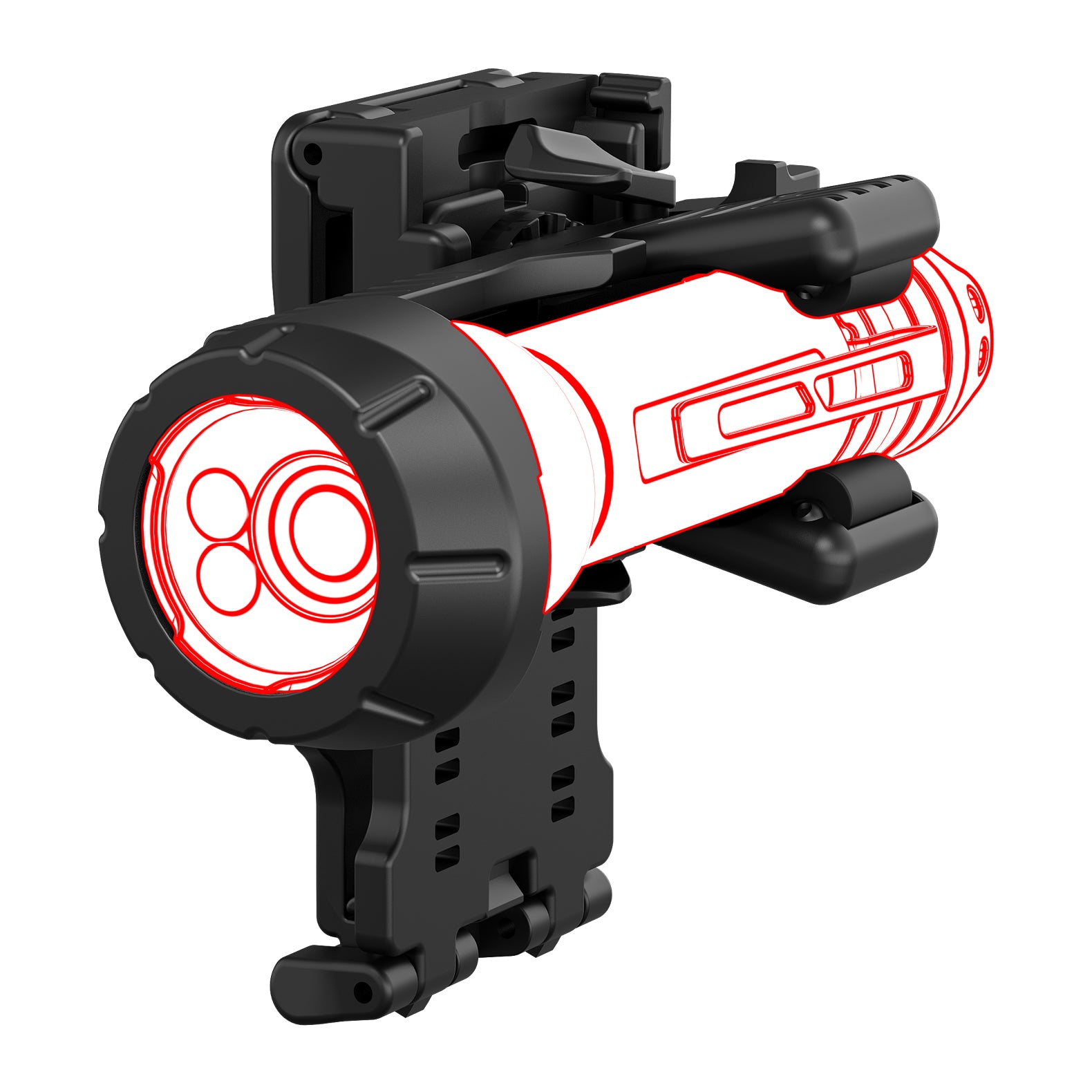 Das LEDLENSER Tactical Professional Holster Typ D in Schwarz und Rot hält eine Taschenlampe mit detaillierten Markierungen und Knöpfen sicher fest. Die verstellbare schwarze Halterung ermöglicht die Befestigung an Helmen, Gürteln oder Gürtelholstern für einen vielseitigen Einsatz.