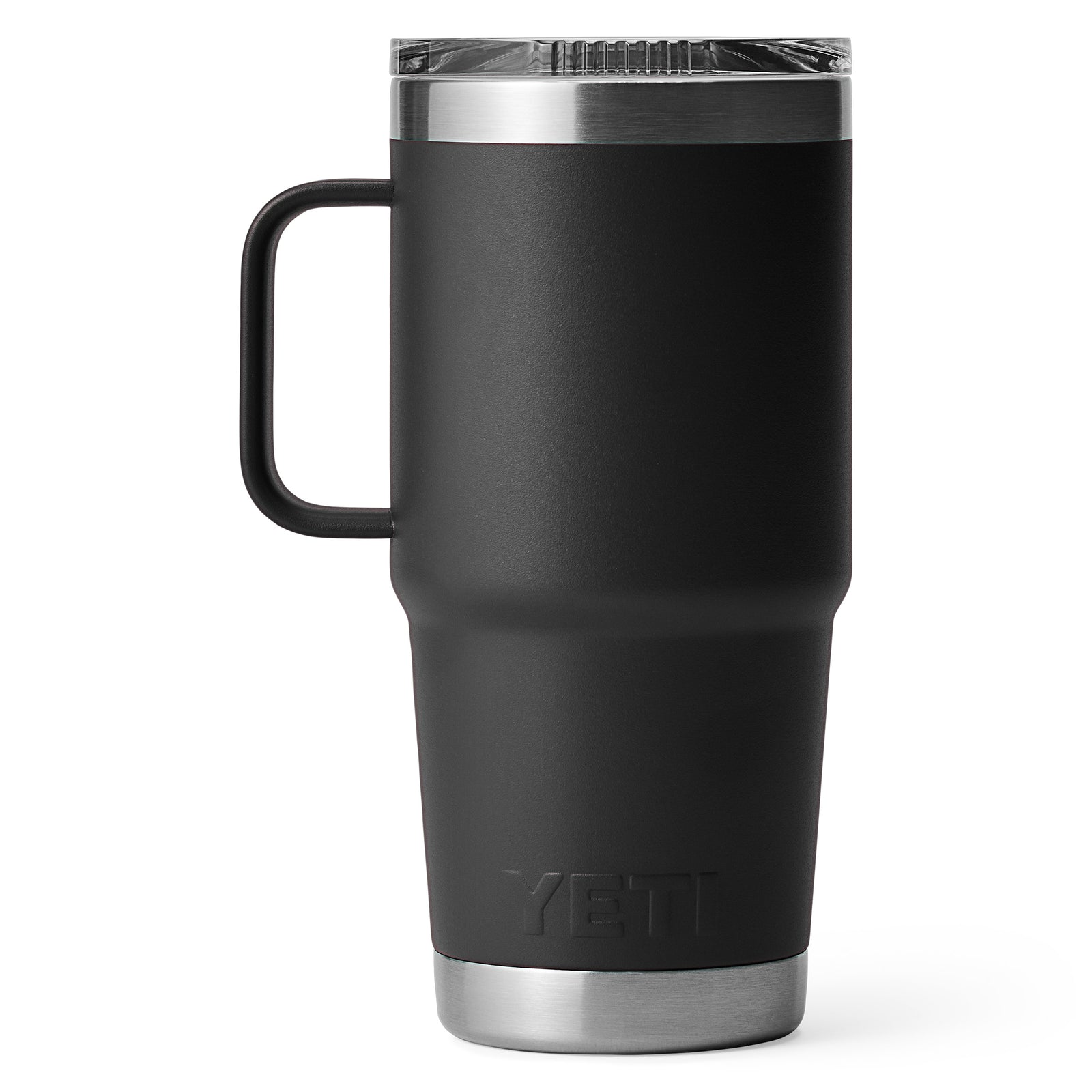 Der YETI® Reisebecher Rambler 20 Oz - Black ist ein schwarzer Edelstahl-Reisebecher mit einem Griff und einem durchsichtigen Kunststoffdeckel, abgebildet auf weißem Hintergrund. Dieser auslaufsichere Kaffeebecher von YETI hält Getränke sicher, während Sie unterwegs sind.