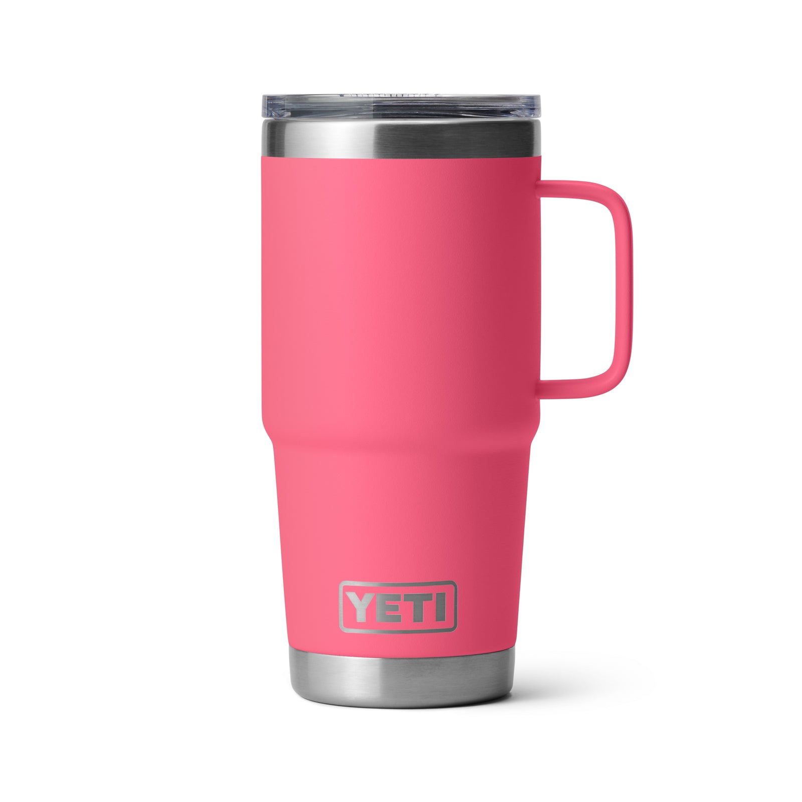 Der YETI® Reisebecher Rambler 20 Oz in Tropical Pink bietet einen stabilen Henkel, klaren Deckel und Edelstahlboden. Der auslaufsichere Becher zeigt das YETI Logo auf der Vorderseite.
