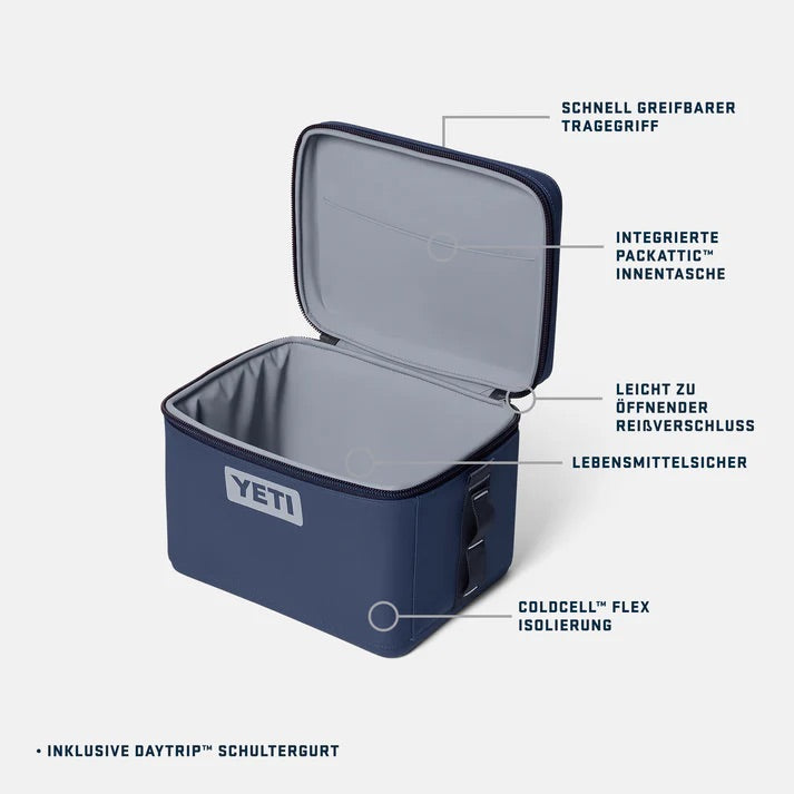 Eine anthrazitfarbene YETI® Kühltasche Daytrip 9L ist geöffnet und offenbart ihr graues, isoliertes Inneres. Die deutschen Etiketten weisen auf den bequemen Tragegriff, das Staufach, den schnell zu öffnenden Reißverschluss, die lebensmittelechte Auskleidung und die flexible Isolierung hin.