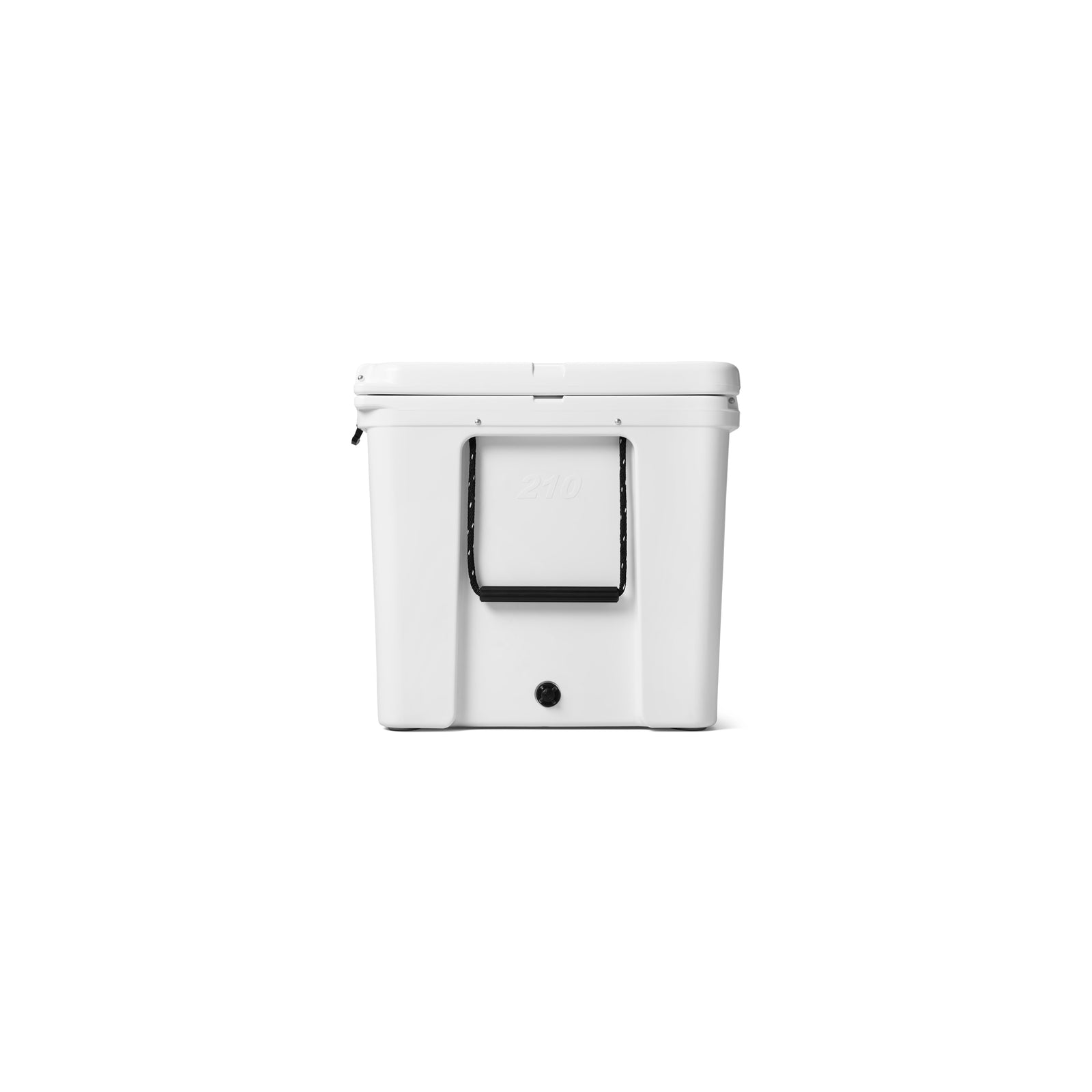 Eine weiße YETI®-Kühlbox „Tundra 210“ mit Hartschale, einem Griff an der Vorderseite und einem schwarzen Ablassstopfen am Boden, präsentiert vor einem schlichten weißen Hintergrund – ideal für alle, die eine geräumige Kühlbox von YETI suchen.