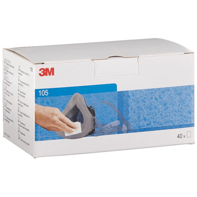Eine weiß-blaue Schachtel 3M™ Reinigungstücher von 3M mit 40 Tüchern, die eine Hand bei der Reinigung einer Atemschutzmaske zeigt. Ideal für Gesichtsabdichtung reinigen auf Mehrweg-Atemschutzmasken.
