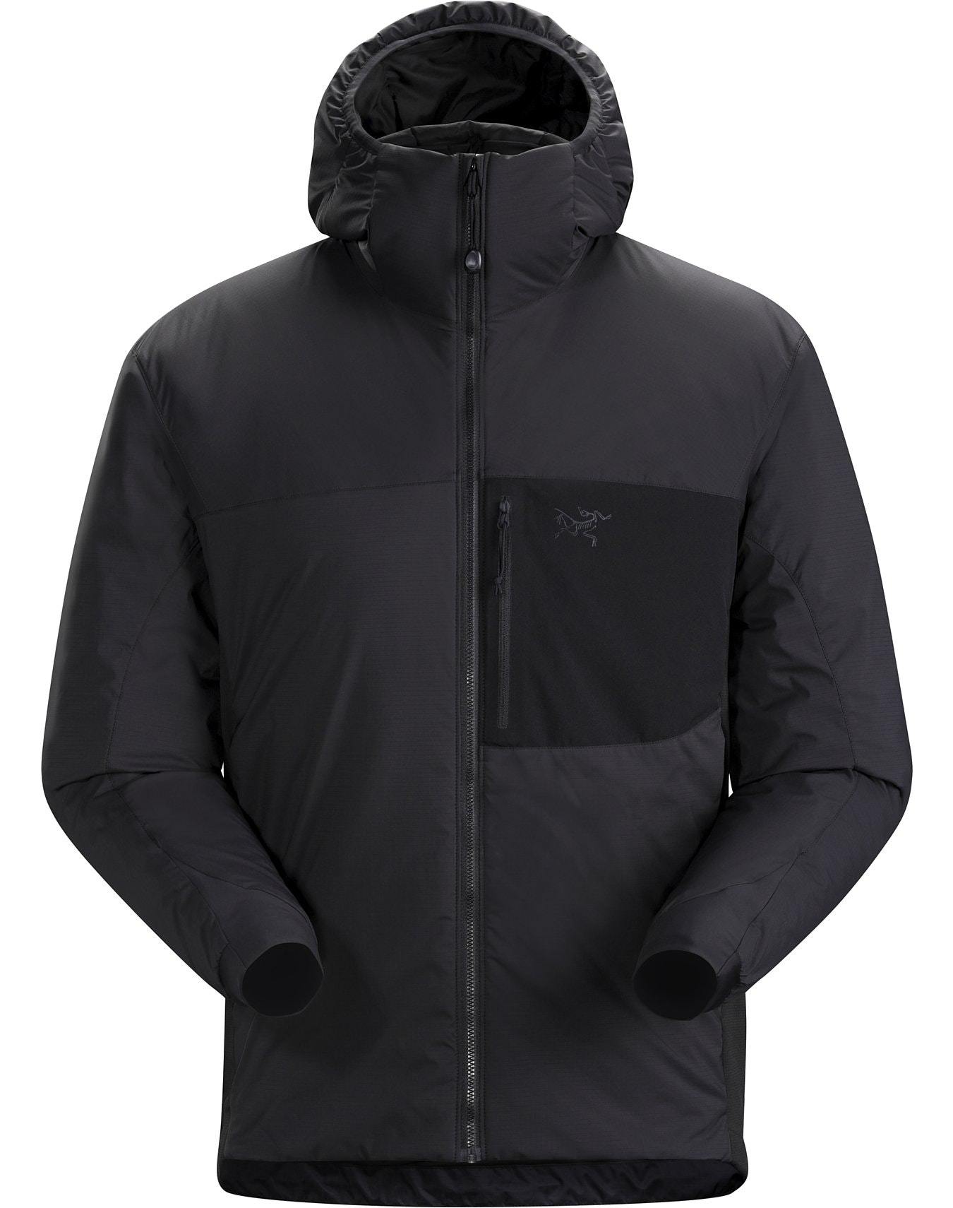 Die ARC'TERYX LEAF Arc'teryx Atom Hoody LT Gen2.1 in schwarz ist eine Herren Kapuzenjacke mit langen Ärmeln, konzipiert für Vielseitigkeit.
