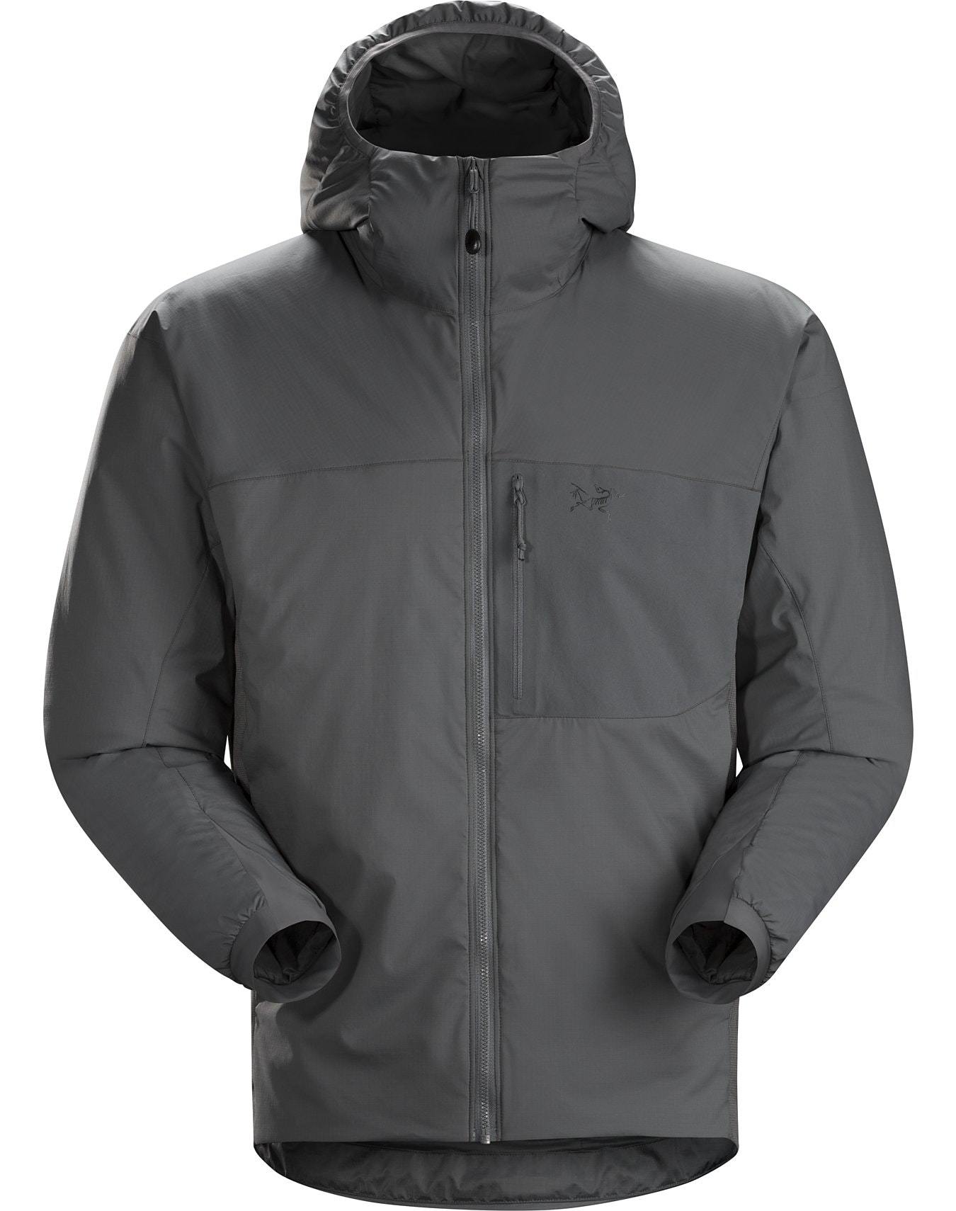 Die ARC'TERYX LEAF Arc'teryx Atom Hoody LT Gen2.1 - Wolf ist eine dunkelgraue Isolationsjacke mit einem Frontreißverschluss, Brust- und Handtaschen, einer Kapuze und einem dezenten Logo auf der oberen linken Brustseite.