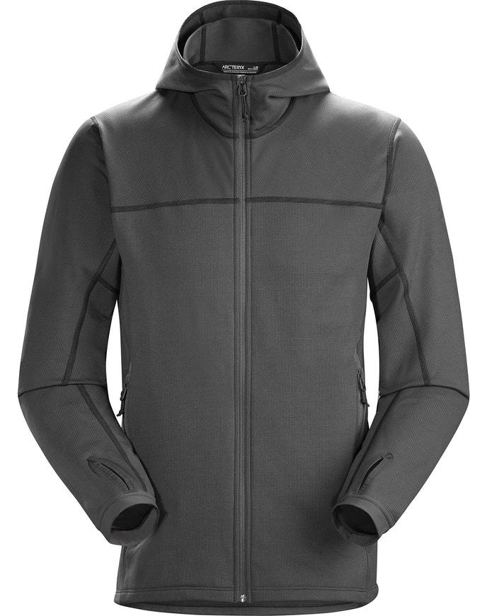 Der dunkelgraue ARC'TERYX LEAF Arc'teryx Naga Hoody Full Zip Gen2.1 - Wolf mit langen Ärmeln, seitlichen Reißverschlusstaschen, POLARTEC Fleece und minimalem Branding steht auf einem schlichten weißen Hintergrund.