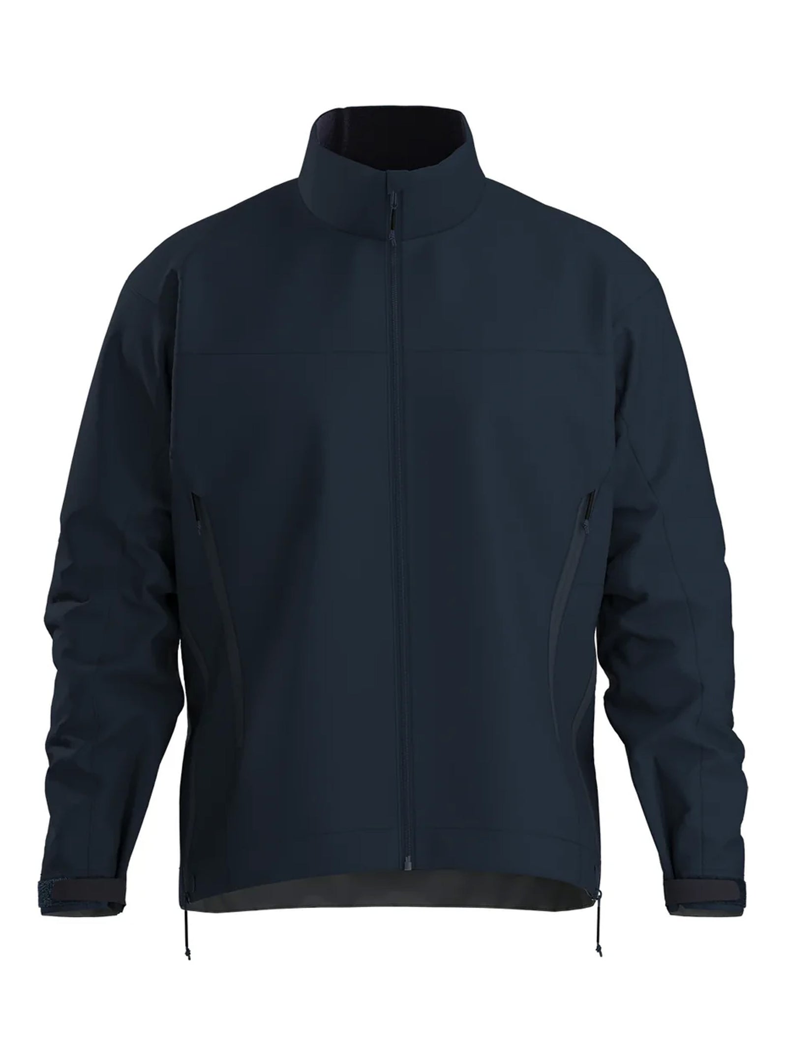 Die ARC'TERYX LEAF Arc'teryx Patrol Jacket AR Men's in Storm Blue hat einen hohen Kragen, lange Ärmel und seitliche Reißverschlusstaschen, abgebildet auf einem schlichten weißen Hintergrund.