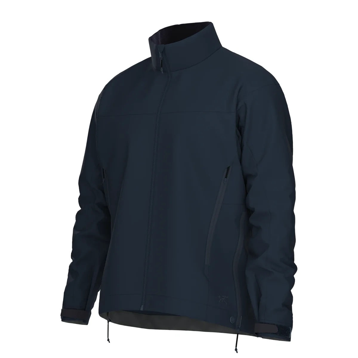 Die ARC'TERYX LEAF Arc'teryx Patrol Jacket AR Men's in Storm Blue ist eine langärmelige, hochgeschlossene Softshell-Jacke mit zwei seitlichen Reißverschlusstaschen und einem minimalistischen, logofreien Design, das von der Arc'teryx Patrol Jacket inspiriert ist. Abgebildet auf weißem Hintergrund.