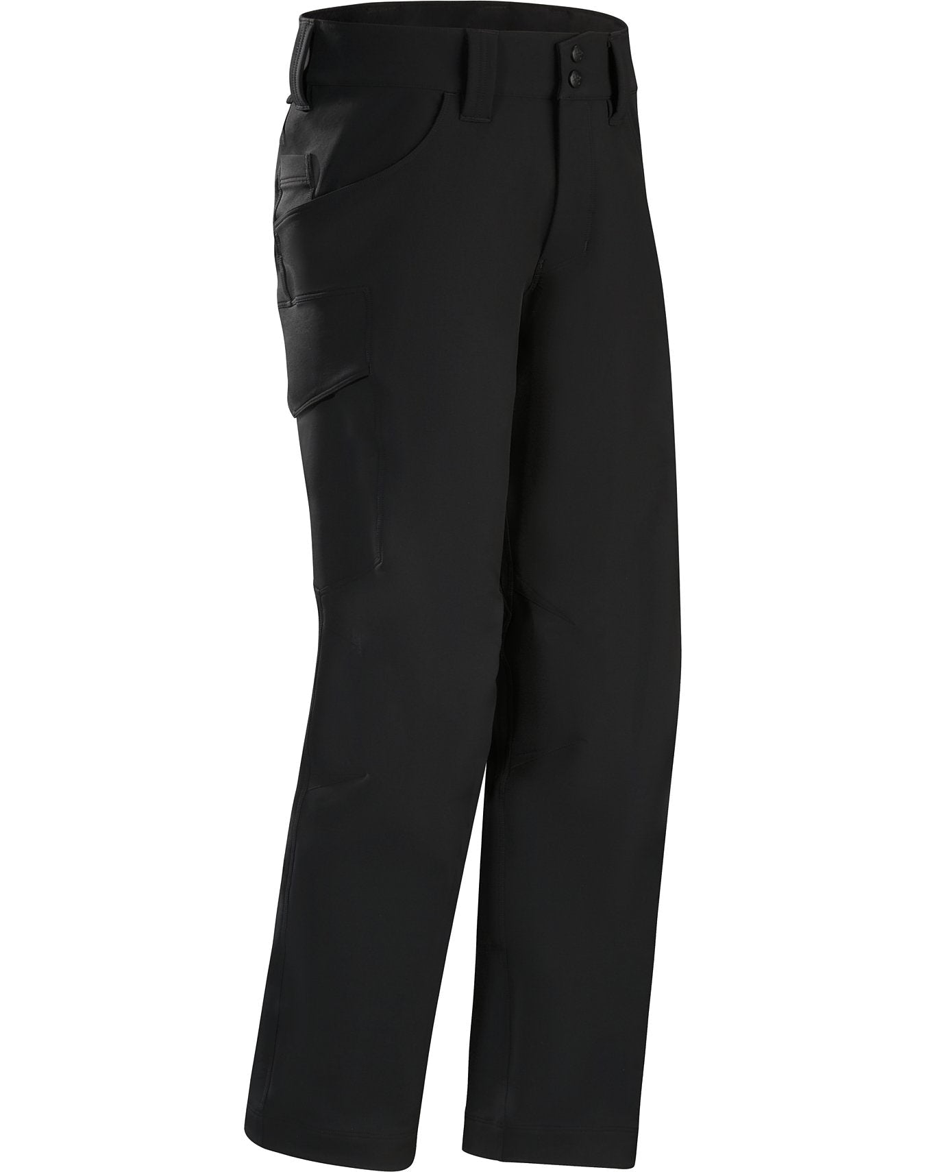 ARC'TERYX LEAF Arc'teryx Patrol Pant AR Men's - Schwarze Cargohose mit geradem Bein, mehreren Taschen - einschließlich einer großen Seitentasche -, Gürtelschlaufen und Knopf-Reißverschluss an der Taille, abgebildet auf einem einfarbig weißen Hintergrund.