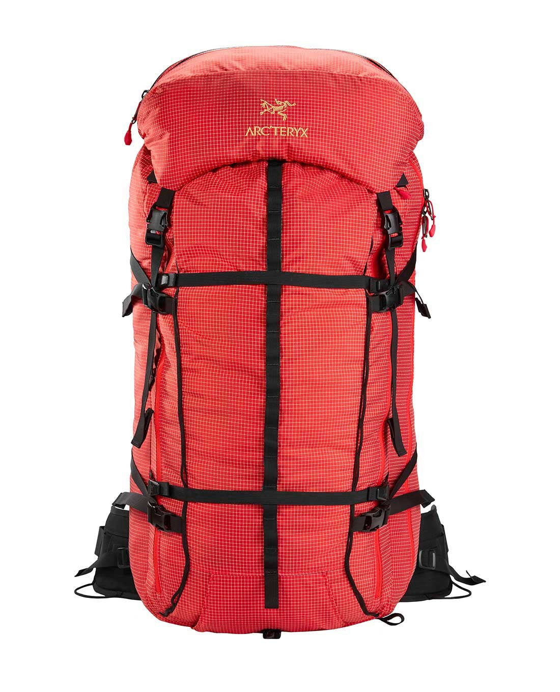 Ein großer roter ARC'TERYX PRO Arc'teryx Rescue Pack 50 mit schwarzen Riemen und Schnallen steht aufrecht vor einem weißen Hintergrund und ist für den Einsatz im Freien konzipiert.