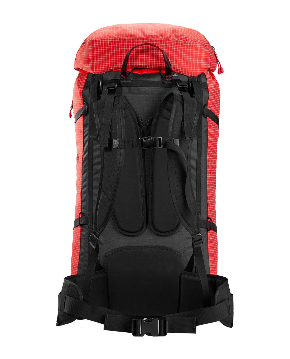 Der ARC'TERYX PRO Arc'teryx Rescue Pack 50, hier in der Rückenansicht in Rot und Schwarz, verfügt über gepolsterte Schultergurte, einen Brustgurt und einen Hüftgurt für besseren Halt und Komfort.