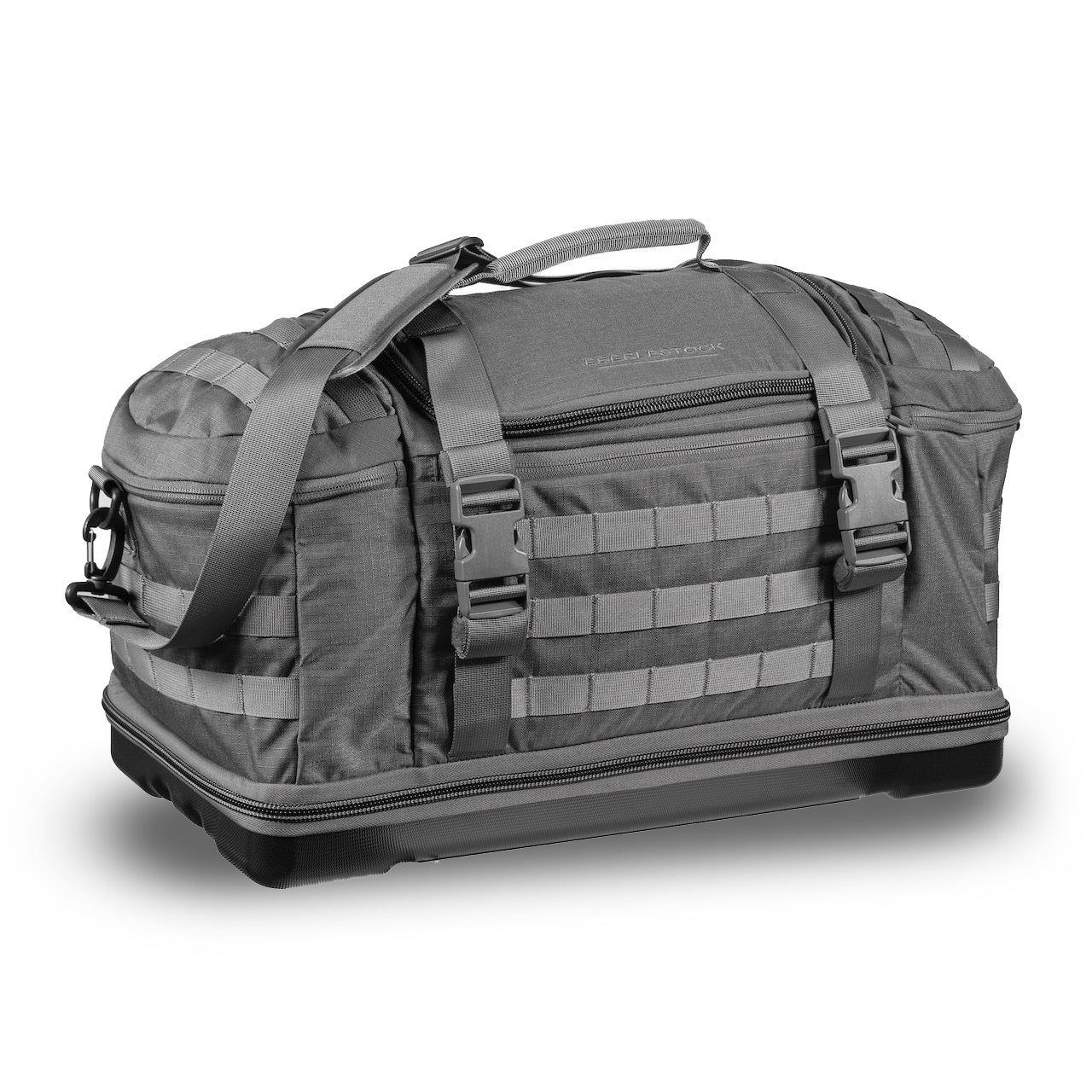 Die EBERLESTOCK Bang Bag, eine graue Schießstandtasche mit Schultergurt, MOLLE-Gurtband, seitlichen Schnallen und verstärktem Boden, ist auf weißem Hintergrund abgebildet - perfekt für Ihre nächste Schießstandtasche.
