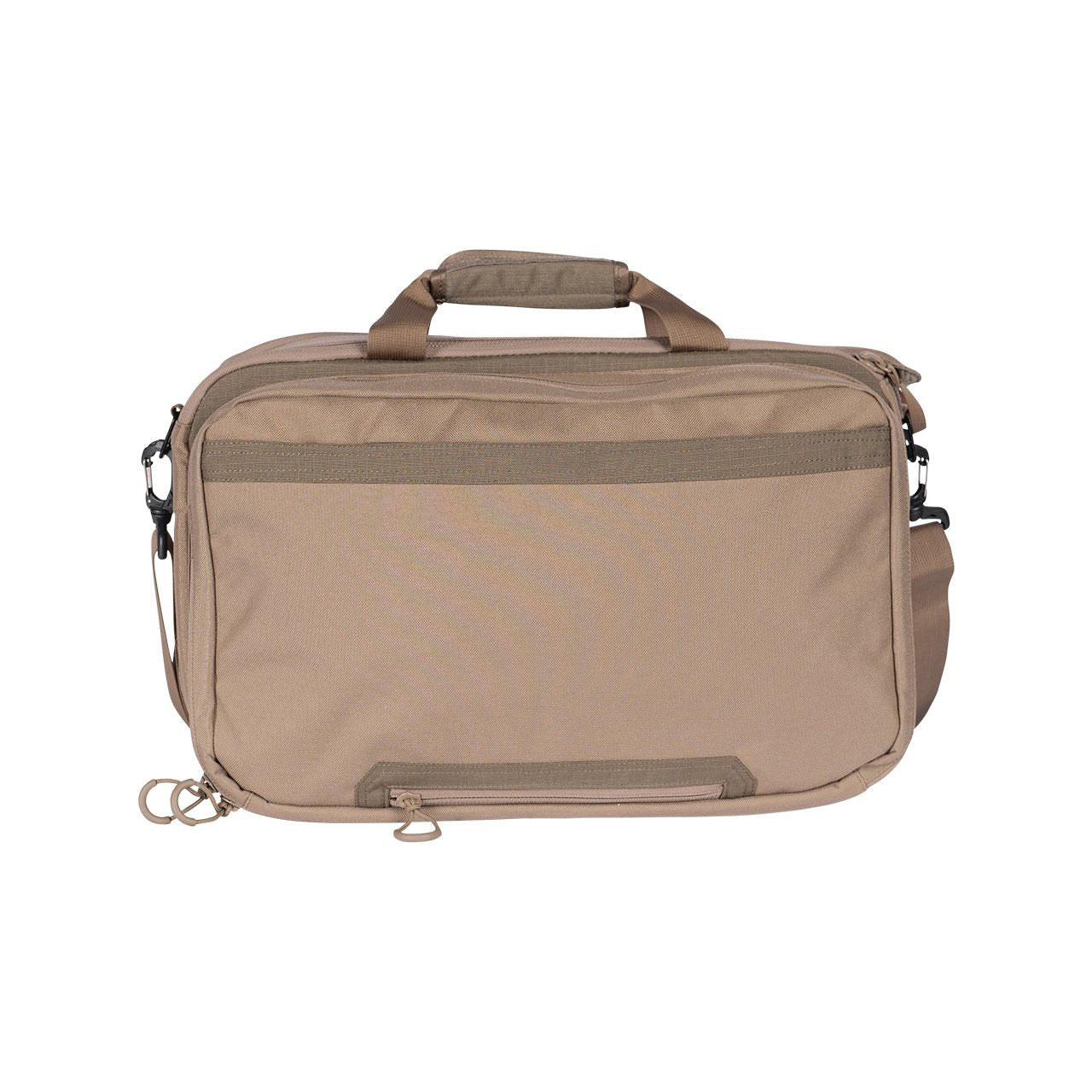 Die EBERLESTOCK Executive Brief ist eine hellbraune, rechteckige 500D-Cordura-Tasche mit Tragegriff, Schulterriemen, Reißverschlusstasche auf der Vorderseite und kleiner Reißverschlusstasche auf der Unterseite, abgebildet auf einem weißen Hintergrund.