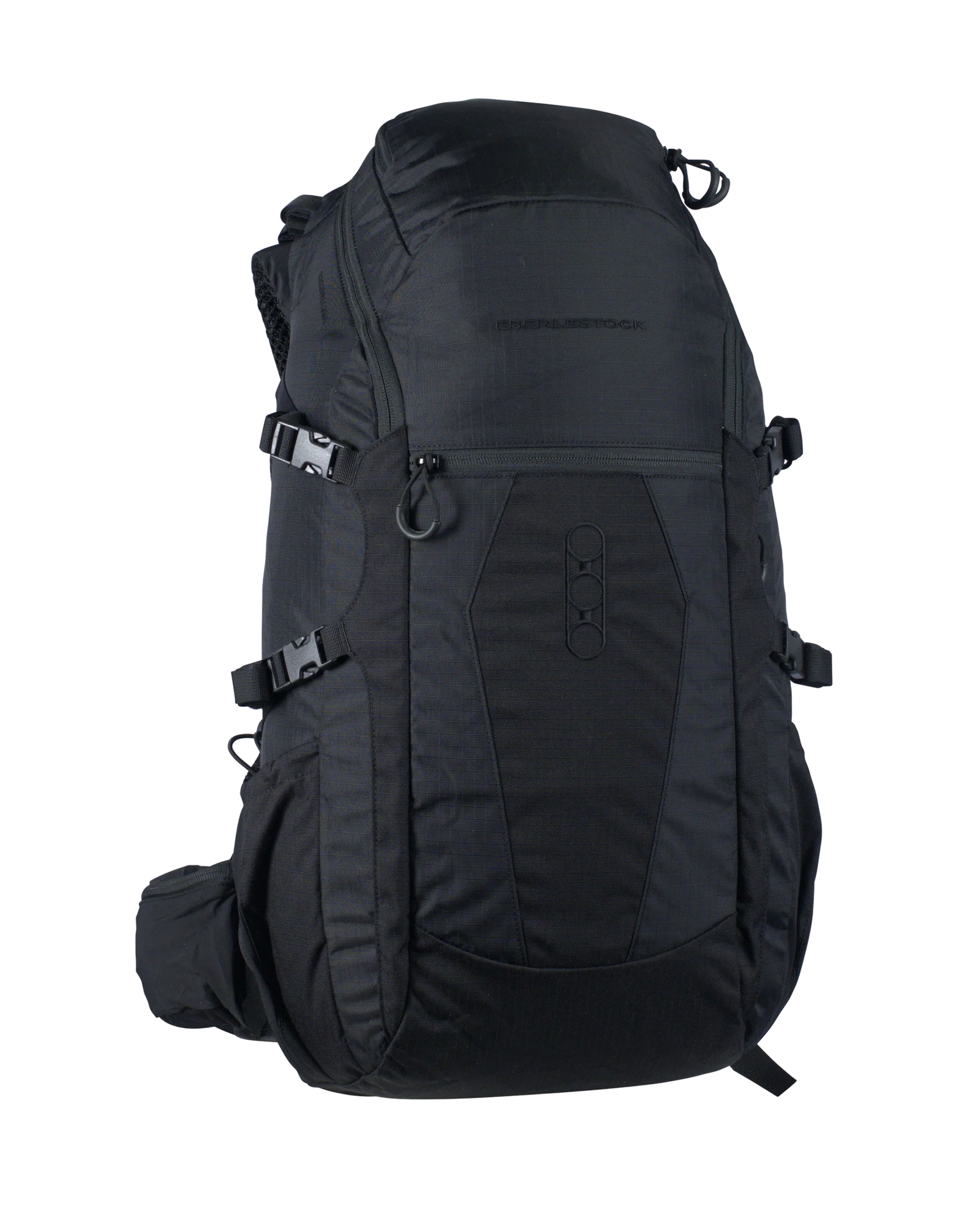 Der große, schwarze EBERLESTOCK FreeFall 2000 Pack Wanderrucksack mit mehreren Fächern und verstellbaren Trägern steht aufrecht auf einem schlichten weißen Hintergrund - ideal für Outdoor-Abenteuer.