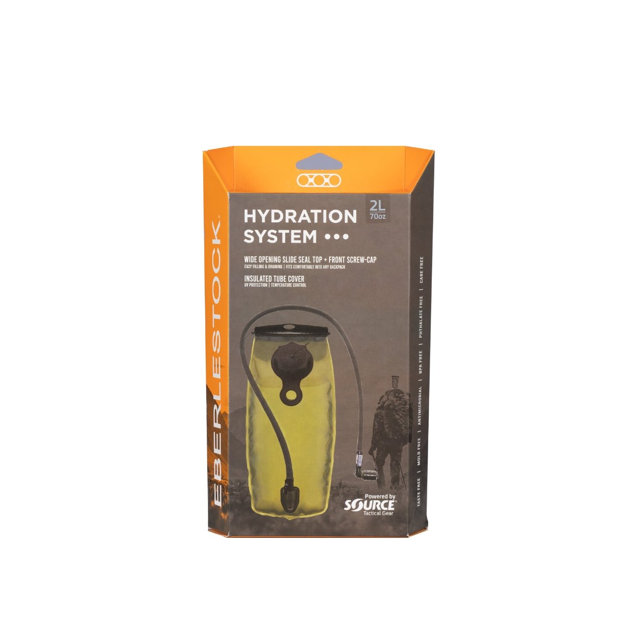Die EBERLESTOCK Hydration System Bladder 2L wird in einer Verpackung geliefert und verfügt über einen Trinkbehälter mit Schlauch, ein stylisches orange-schwarzes Design, eine breite Öffnung und eine isolierte Schlauchabdeckung - perfekt als Wasserreservoir für draußen.