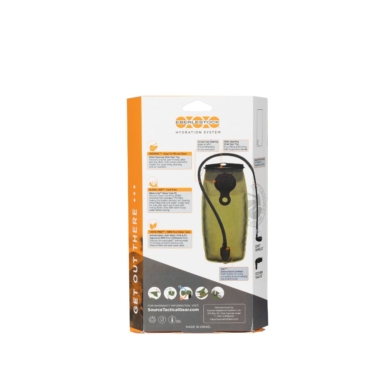 Das Bild zeigt die Rückseite einer EBERLESTOCK Hydration System Bladder 2L-Verpackung mit grünem Reservoir, schwarzem Deckel, Trinkschlauch, Produktdetails, Anleitung und orange-weißen Akzenten.