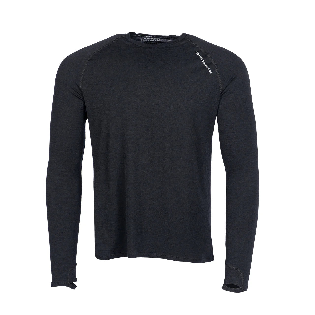 Das EBERLESTOCK Lochsa Merino Long Sleeve - Black ist ein schlichtes Shirt mit Rundhalsausschnitt, langen Ärmeln und Daumenlöchern an den Bündchen, ideal als Baselayer, abgebildet auf weißem Grund.