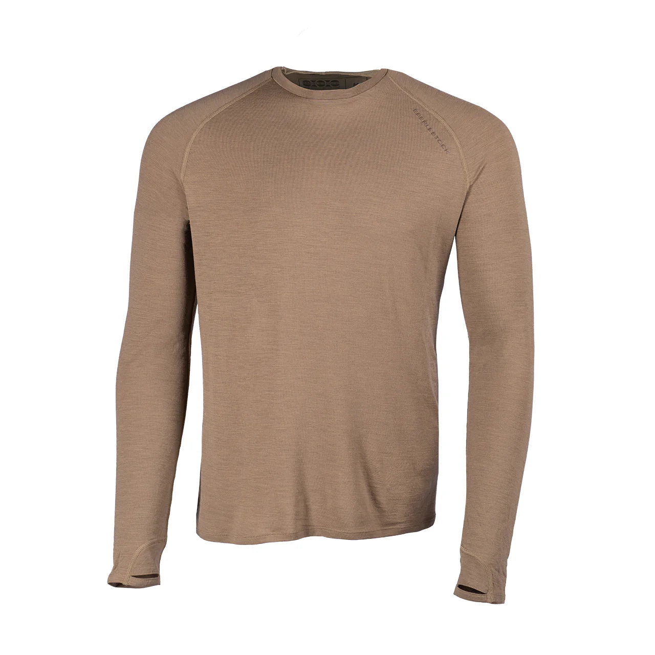 Das EBERLESTOCK Lochsa Merino Long Sleeve - Dark Earth ist ein leichtes, körperbetontes Baselayer mit Raglanärmeln, Daumenlöchern an den Bündchen und einer dezenten Struktur. Abgebildet auf weißem Grund.