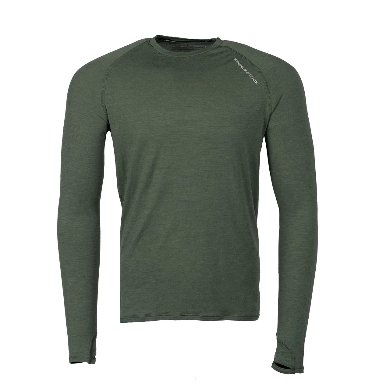 Das EBERLESTOCK Lochsa Merino Long Sleeve - Loden ist ein hochwertiges, sportliches Rundhalsshirt mit Daumenlöchern und dezentem Logo, ideal als Baselayer für einen aktiven Lebensstil.