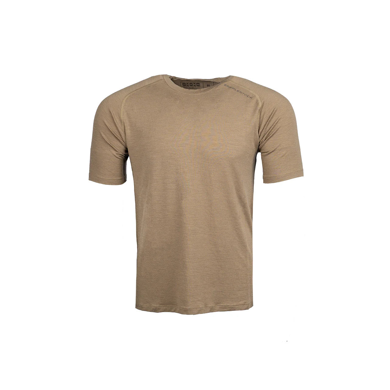 Das EBERLESTOCK Lochsa Merino Short Sleeve - Dark Earth ist auf einem weißen Hintergrund abgebildet. Dieses schlichte, kurzärmelige T-Shirt hat einen einfachen Rundhalsausschnitt ohne sichtbare Logos oder Designs.