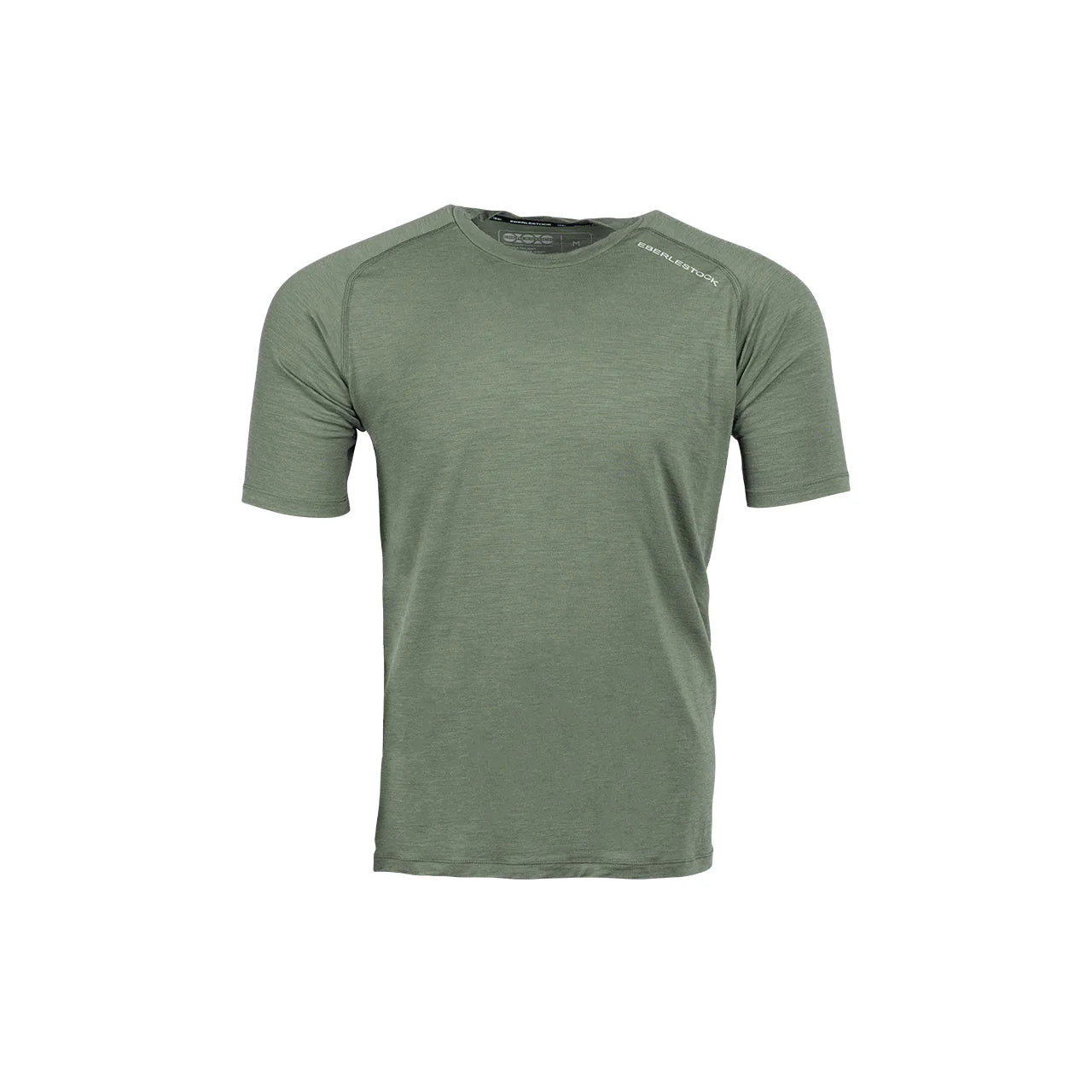 Das EBERLESTOCK Lochsa Merino Short Sleeve in Loden ist auf weißem Grund abgebildet, hat einen Rundhalsausschnitt und ein kleines Logo auf der linken Schulter.