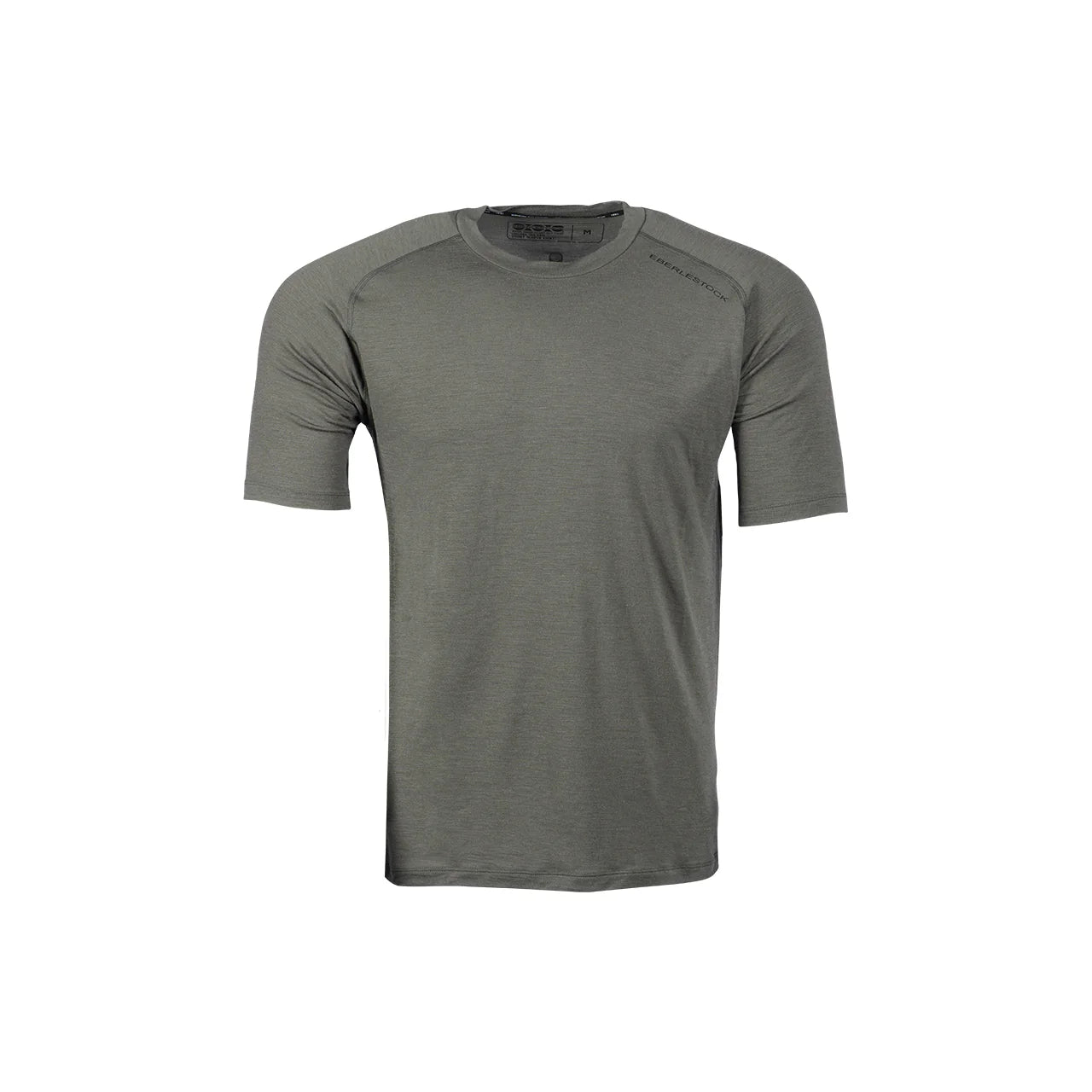 Ein leichtes, atmungsaktives EBERLESTOCK Lochsa Merino Short Sleeve T-Shirt in Schiefer auf weißem Hintergrund. Das Shirt hat einen Rundhalsausschnitt und kurze Ärmel und ist aus weicher, leistungsstarker Merinowolle gefertigt.