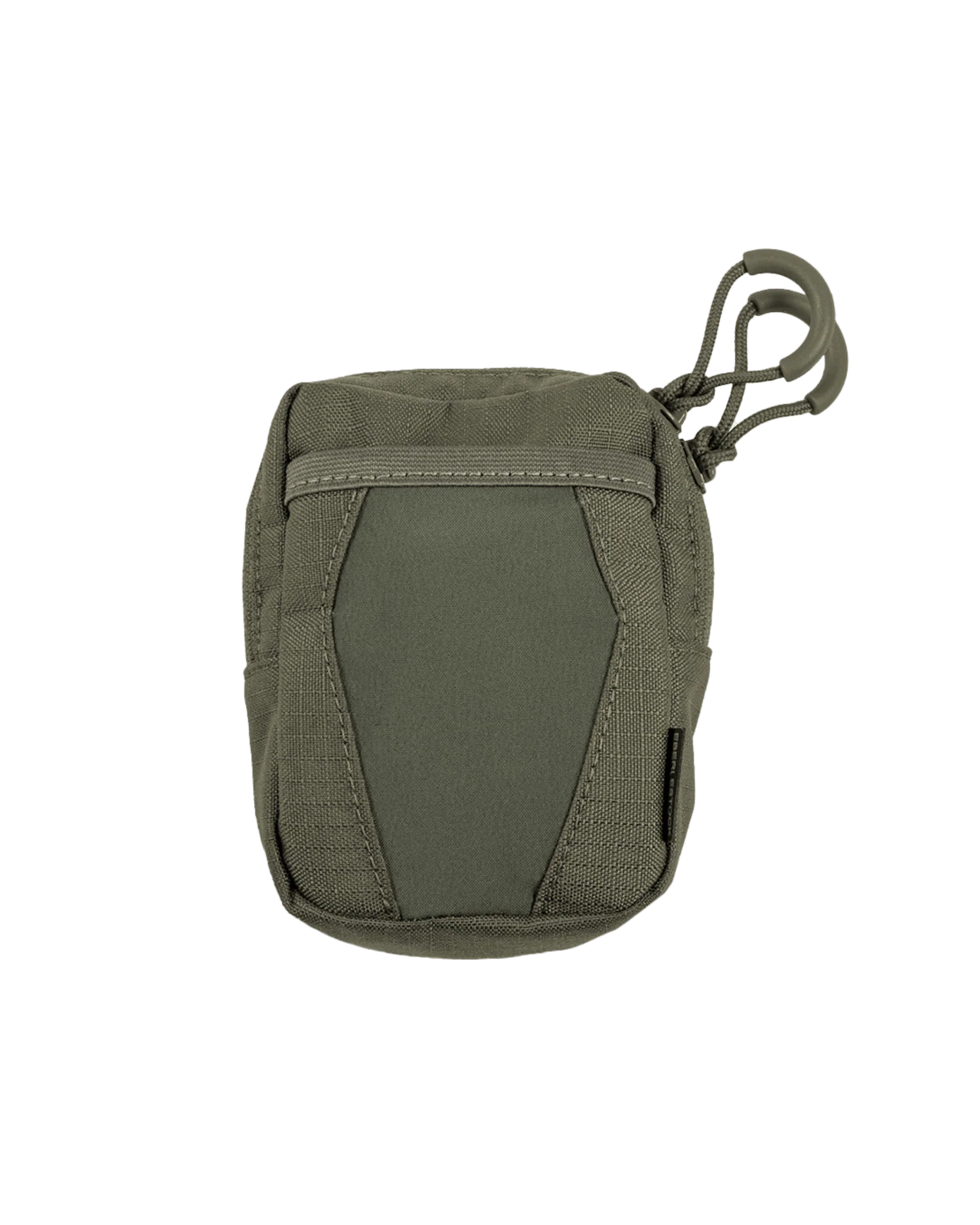 Die EBERLESTOCK Recon Utility Pouch ist eine kleine, olivgrüne, taktische Tasche mit Reißverschluss, Zugkordel, verstärkten Nähten, Front-Utility-Strap und MOLLE-Kompatibilität zur Verwendung mit dem Recon Modular Bino Harness, abgebildet auf weißem Hintergrund.