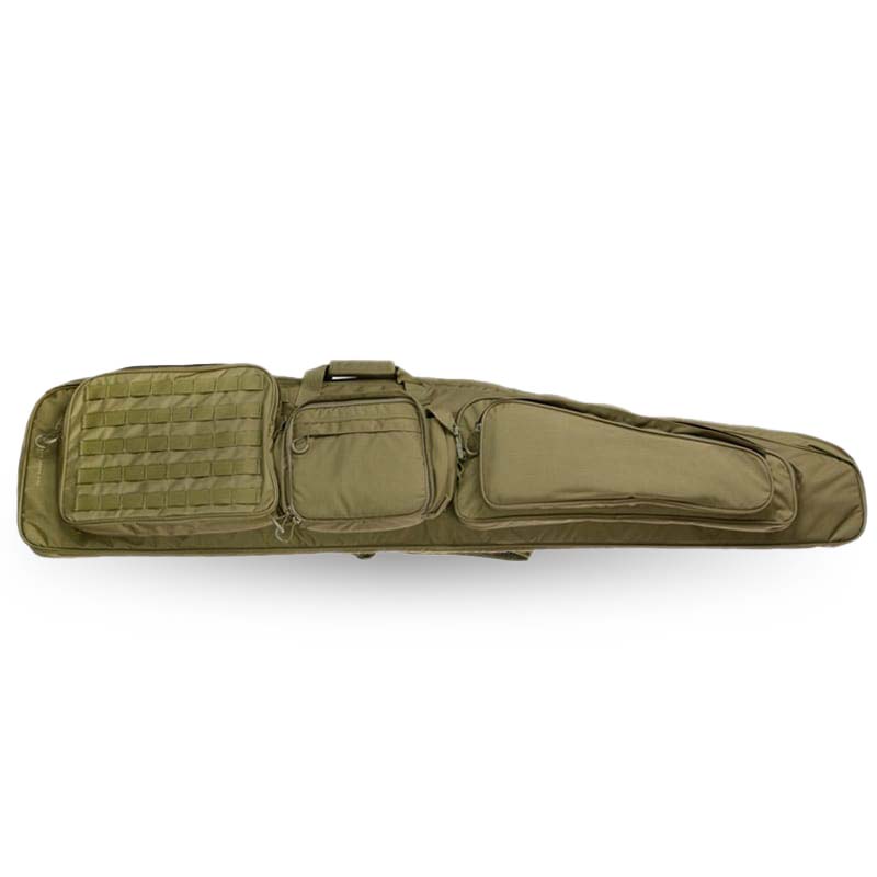 Die EBERLESTOCK Sniper Sled Drag Bag 57" ist eine lange, olivgrüne Tasche mit drei externen Reißverschlusstaschen und einem Tragegriff, die für den Transport und die Aufbewahrung von Schusswaffen oder Ausrüstung konzipiert ist.